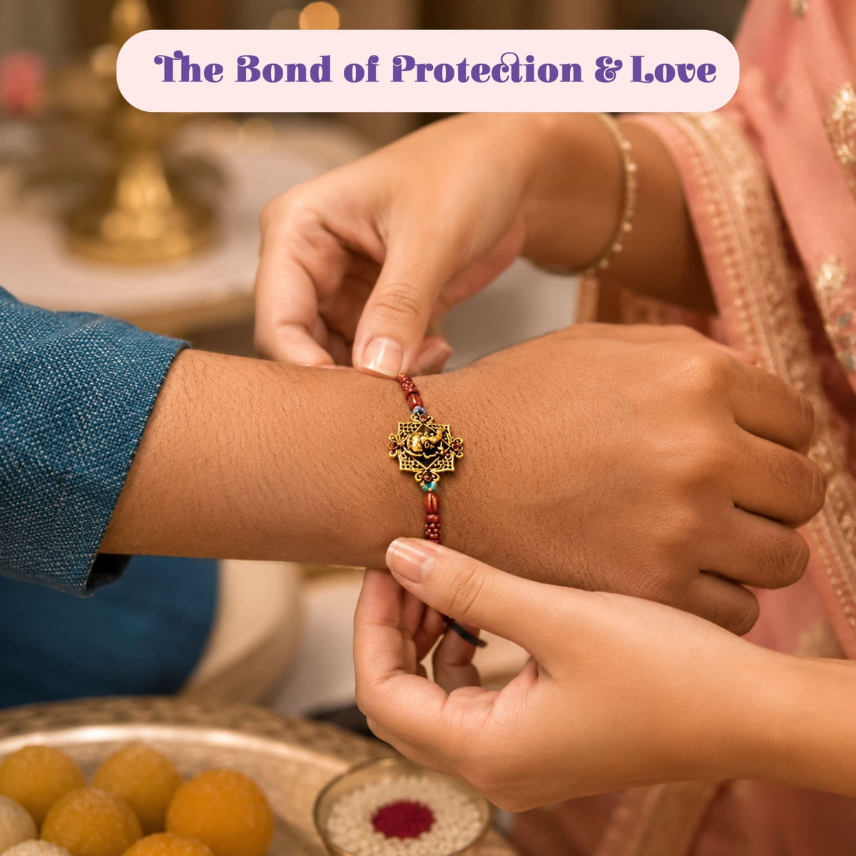 LoveNspire Designer Rakhi Gift Hamper for Brother & Bhabhi (2 Pcs) - Handmade Raksha Bandhan Bracelets with Chocolates & Roli Chawal for Good Luck