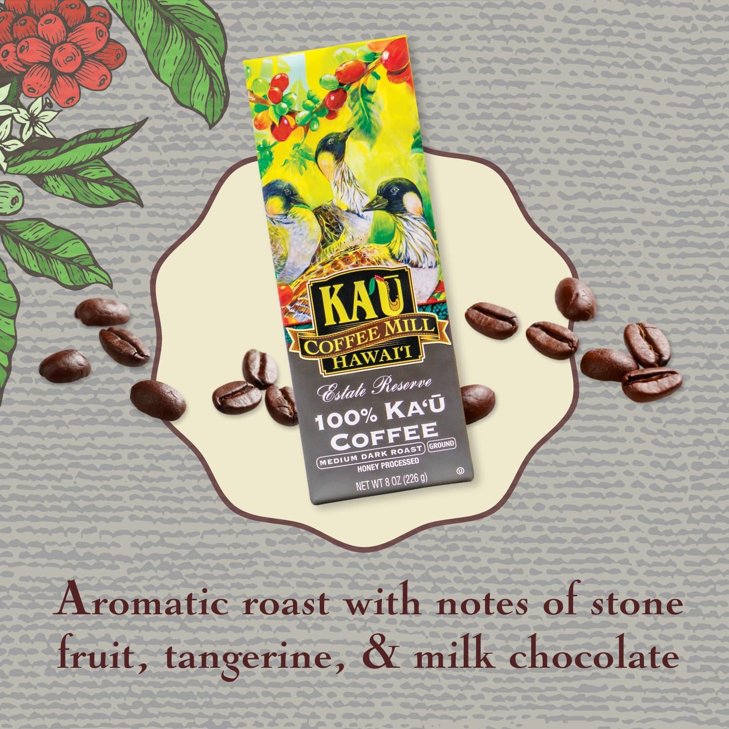 Ka'u Coffee Mill Estate Reserve Medium Dark Roast Ground Coffee - Honey Processed - Pure Ka'u - Specialty - Handpicked Hawaii Grown Arabica Beans