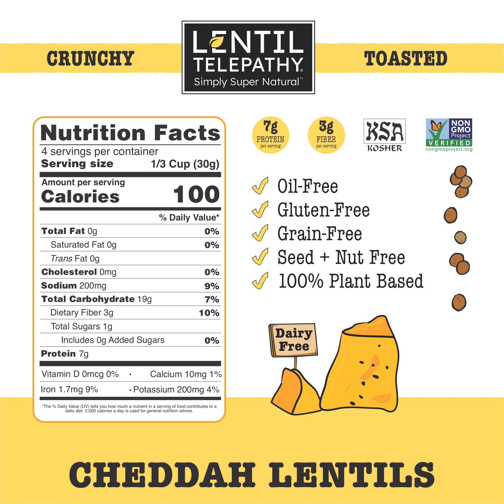 Lentil Telepathy Cheddah Crunchy Whole Lentil Snack, Vegan Cheddar Flavor, OIL FREE, Never Fried, Plant Based, Gluten Free, 4 oz