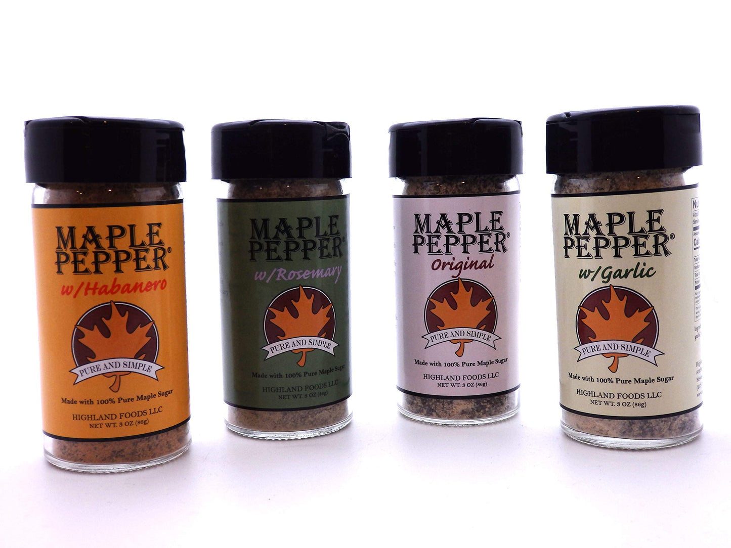 Sweet Heat Maple Pepper Set - Habanero, Rosemary, Garlic, and Original Maple Pepper - Made from Pure Vermont Maple Syrup