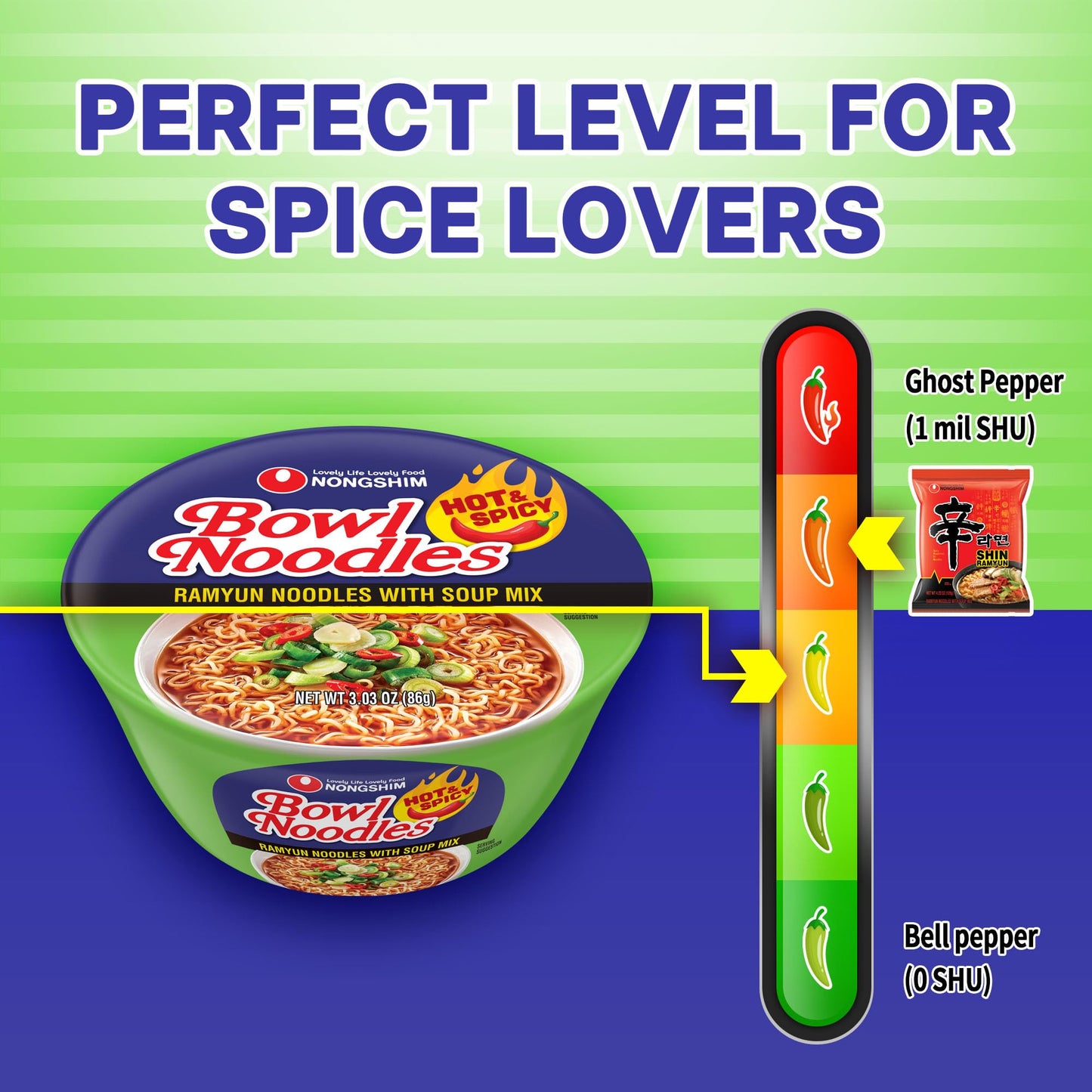 Nongshim Ramen Noodles, Gourmet Instant Ramen bowl, Premium Microwavable Noodle Soup, Hot & Spicy, 3.03 Ounce (Pack of 12)