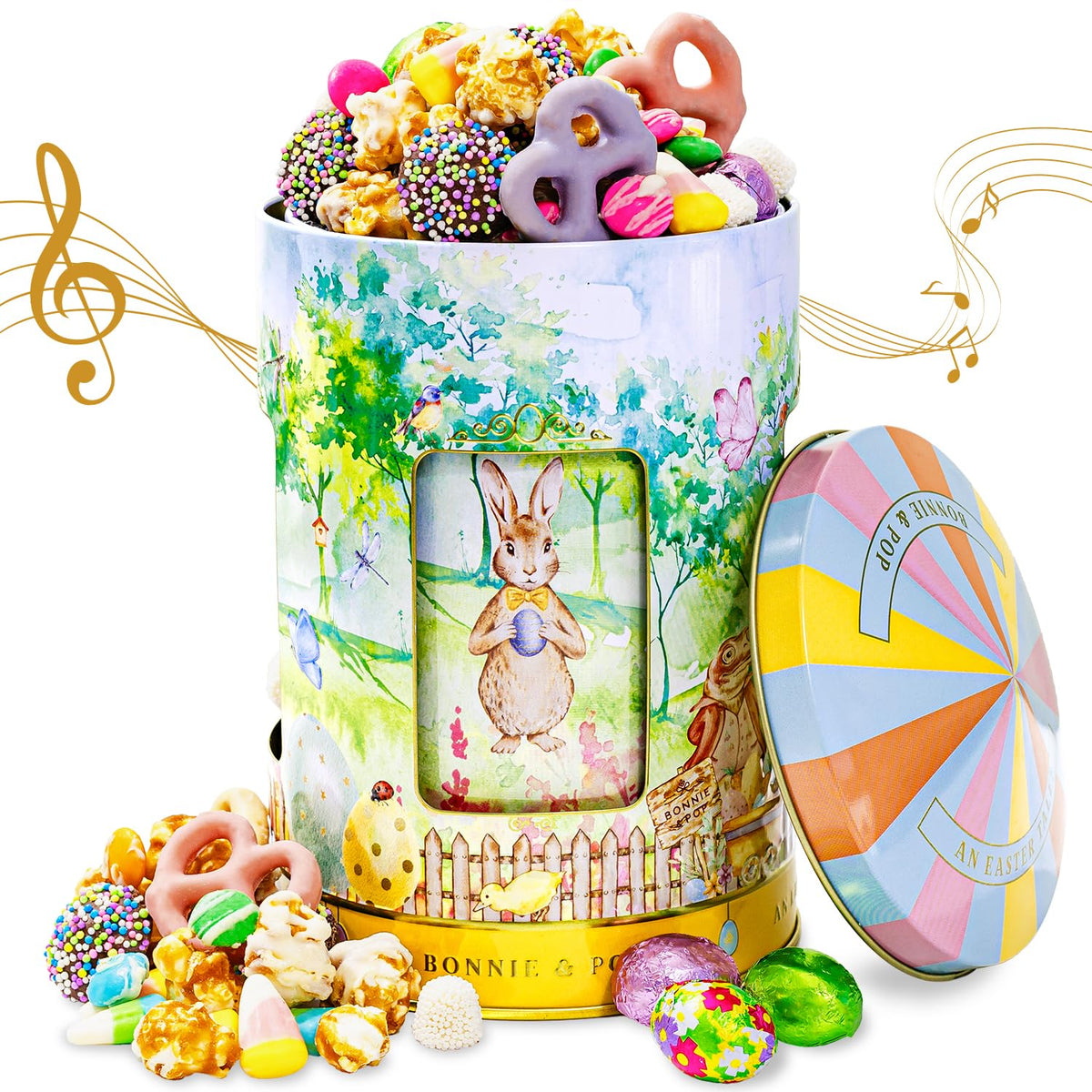 Easter Gift Tin, Musical Carousel with Spring Candy Assortment - Plays Holiday Music, Chocolate Eggs, Yogurt Pretzels & Popcorn, Holiday Box Present