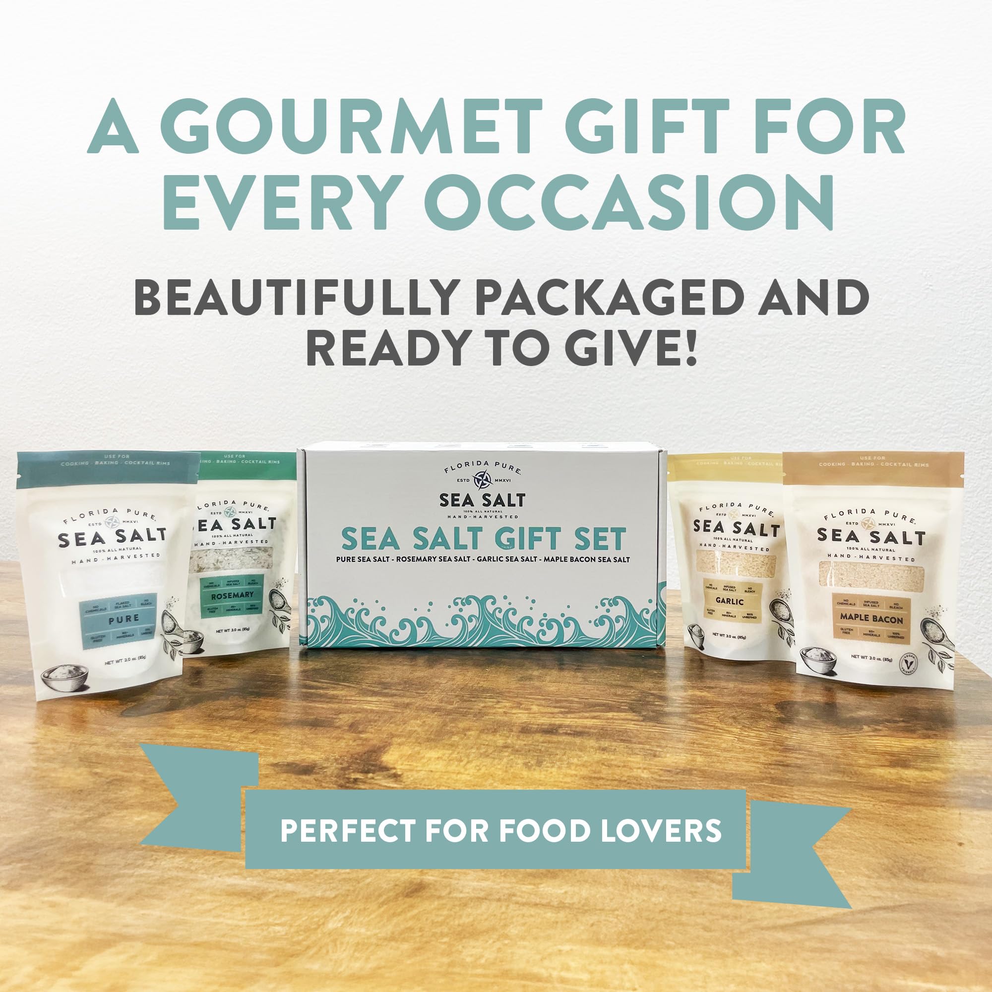 Florida Pure Sea Salt Gift Set - 4 Flavors Bundle with Garlic, Rosemary, Maple Bacon & Pure | Hand-Harvested, Mineral-Rich, All-Natural - Flaky Sea