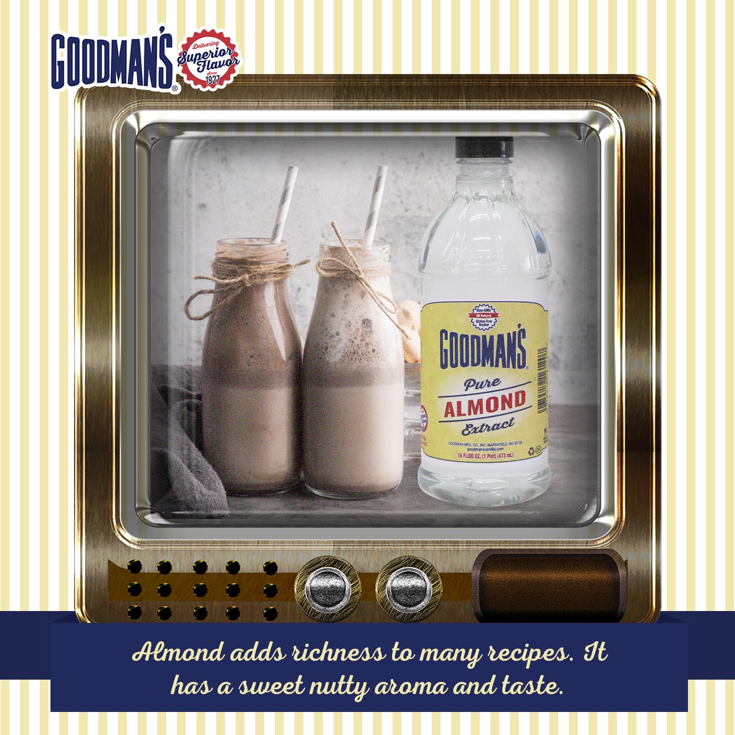 Goodman's Pure Almond Extract - Gluten-Free, Non-GMO, Kosher, Low Carb & Low Calorie - Ideal for Baking, Cooking, and Beverages - No Artificial