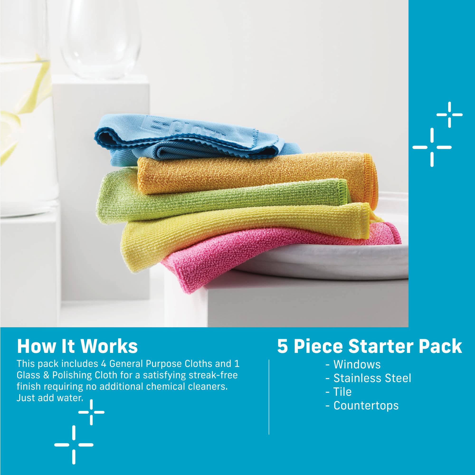 E-Cloth 5-pc Starter Pack- Microfiber Cleaning Cloth Set with Reusable Cleaning Cloth and Glass Polishing Cloth, Assorted Color Microfiber Cleaner