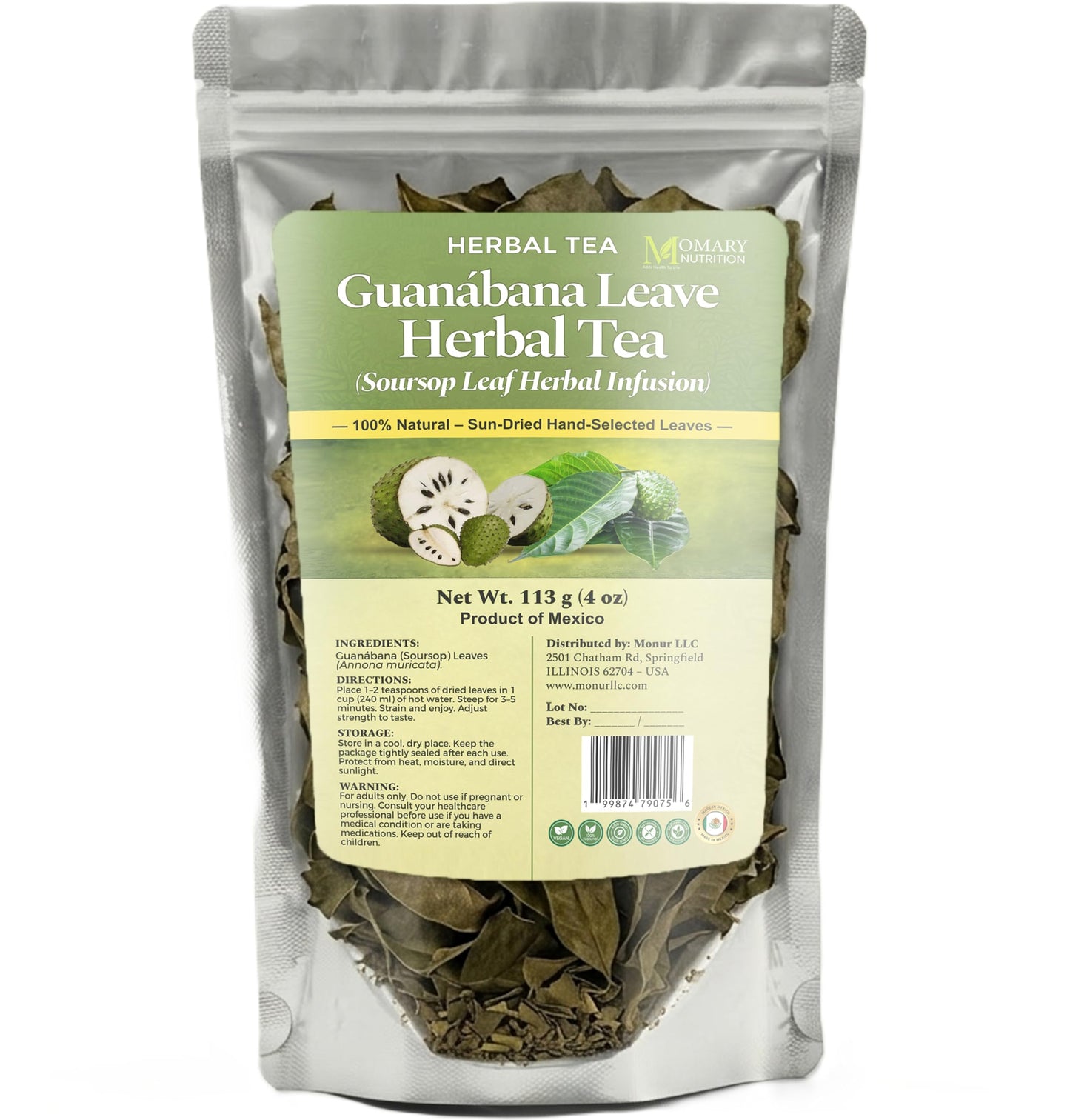 Guanábana Leaves Herbal Tea - Soursop Leaves (Annona muricata) - Jumbo Size - Net Wt. 113 g (4 oz) - 100% Natural, Hand-Selected, Sun-Dried Leaves