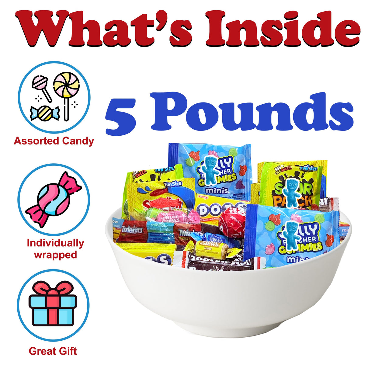 Bulk Candy Variety Pack, 5 Lbs, Individually Wrapped Assorted Candy Mix, Lollipops, Pull-n-Peel Licorice, Party Candy Assortment, Birthday Party