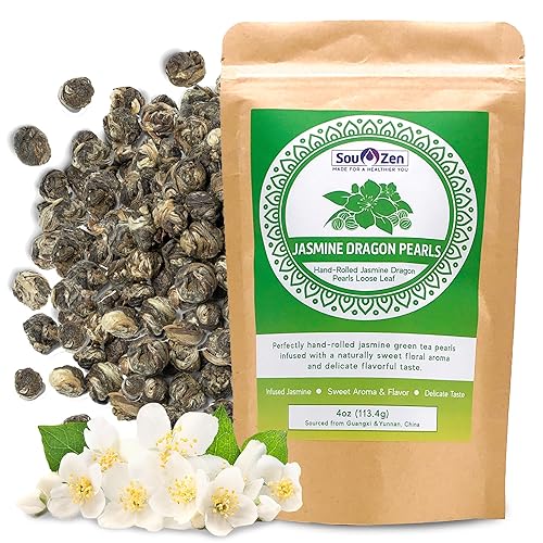 Sou Zen Jasmine Dragon Pearls Tea 4oz (113g) | Premium Quality Hand-Rolled Green Tea | Raw, Non-GMO and Naturally Organic | No Preservatives