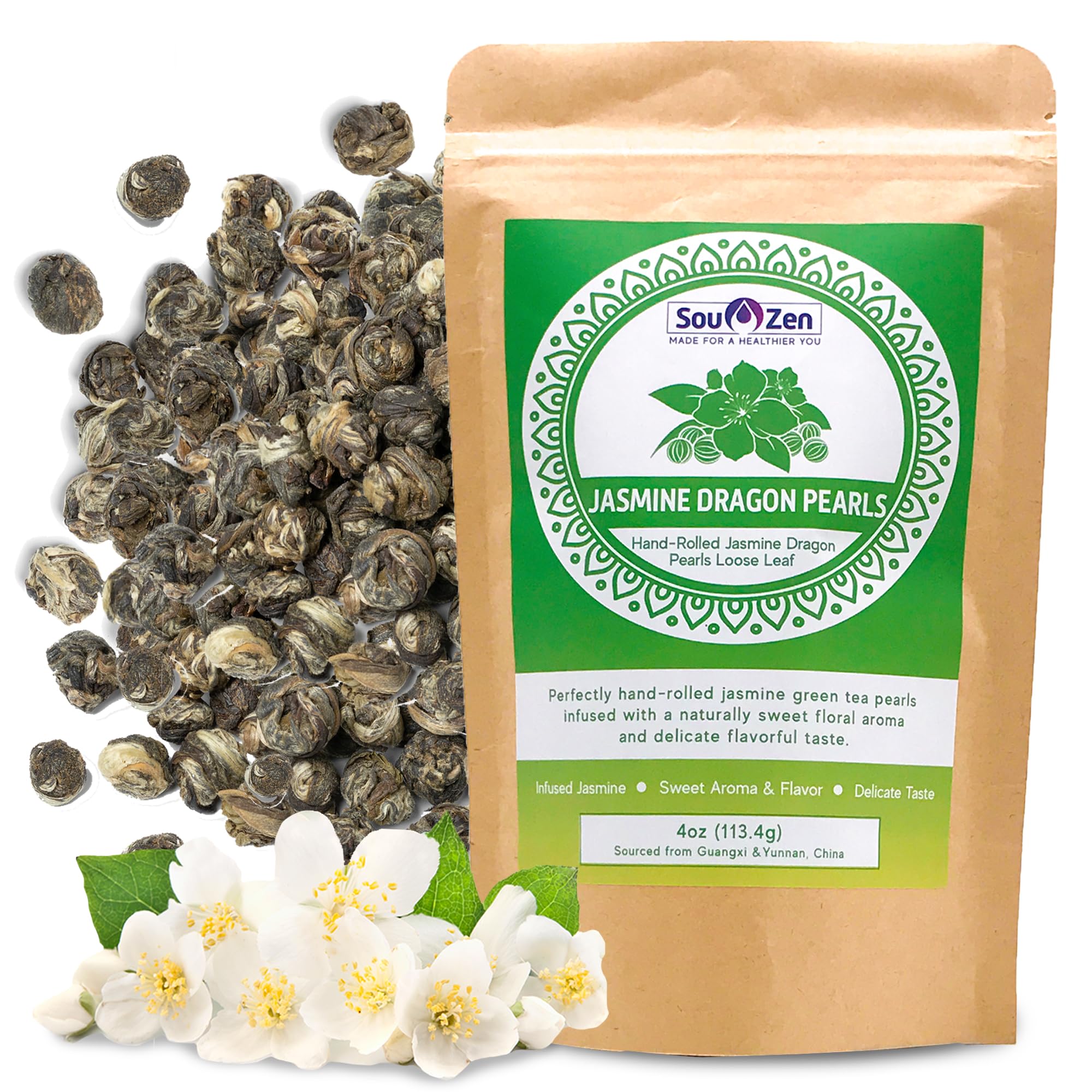 Sou Zen Jasmine Dragon Pearls Tea 4oz (113g) | Premium Quality Hand-Rolled Green Tea | Raw, Non-GMO and Naturally Organic | No Preservatives