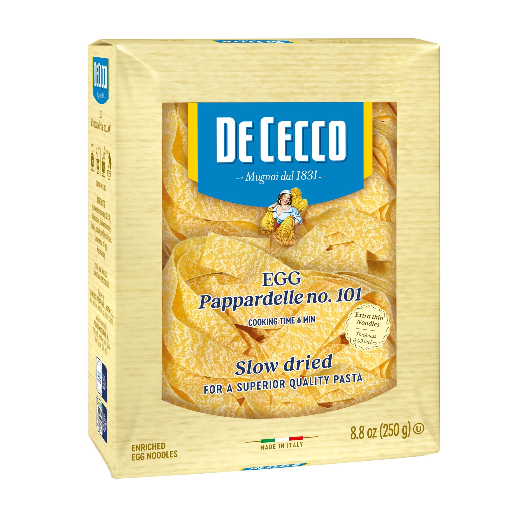 De Cecco Egg Pappardelle No. 101 Pasta, 8.8 Oz, Authentic, Slow Dried, Made with Cage Free Eggs & Durum Wheat, Versatile Pasta for Sauces & Recipes