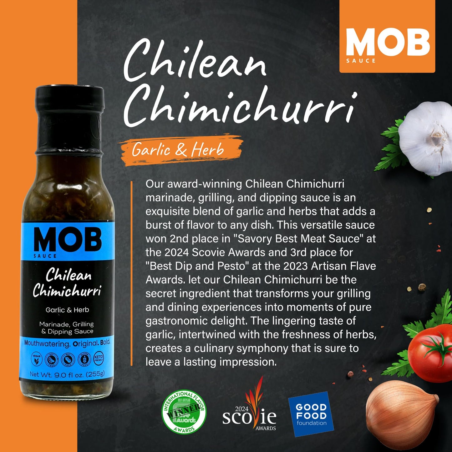 MOB Sauce Chilean Chimichurri - Award Winning Garlic & Herb Marinade Grilling & Dipping Sauce that’s Vegan, Gluten-Free, Keto-Friendly with Natural