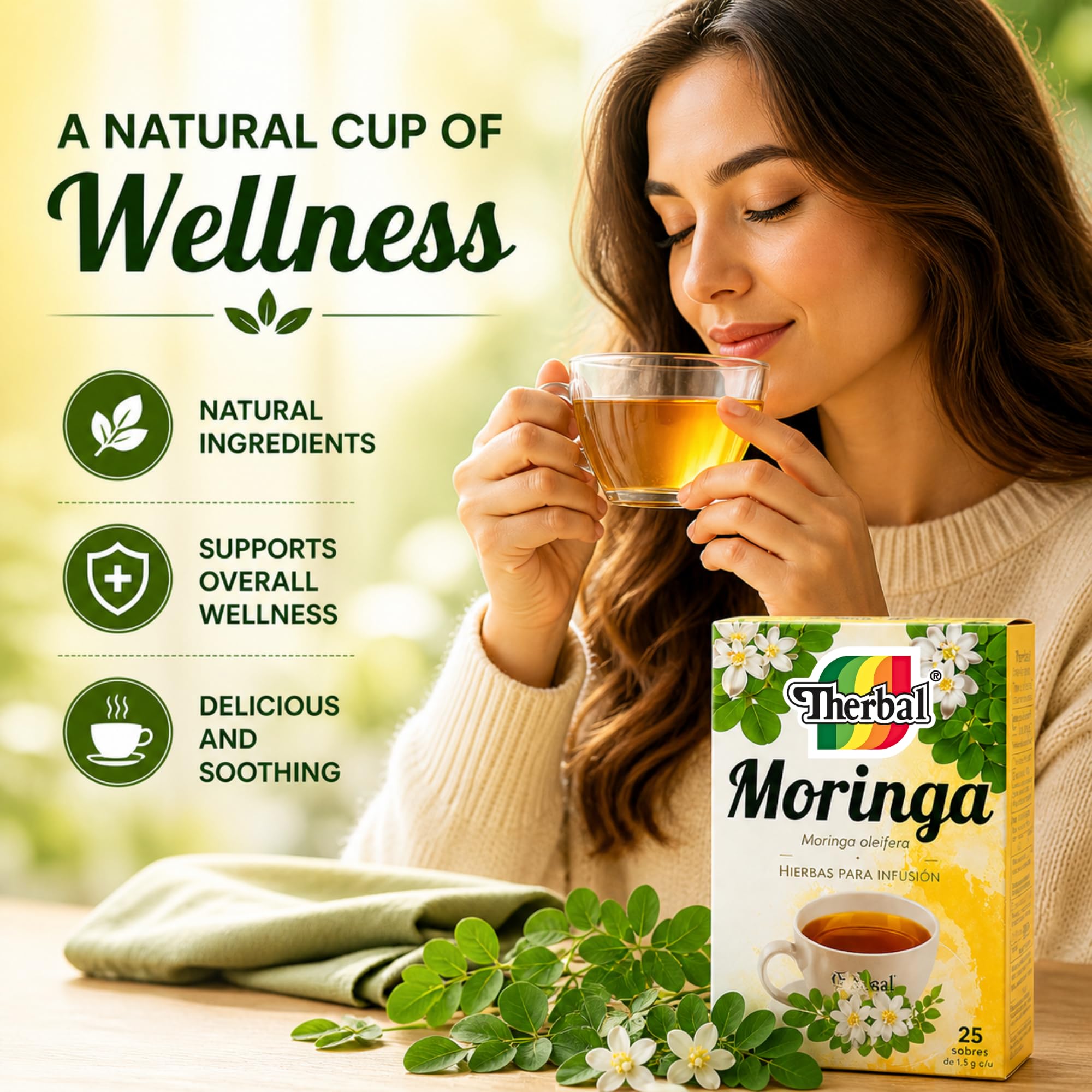 Moringa Té (Moringa Oleifera Tea) - 25 Tea Bags - Vegan, 100% Natural - Premium Therbal Brand