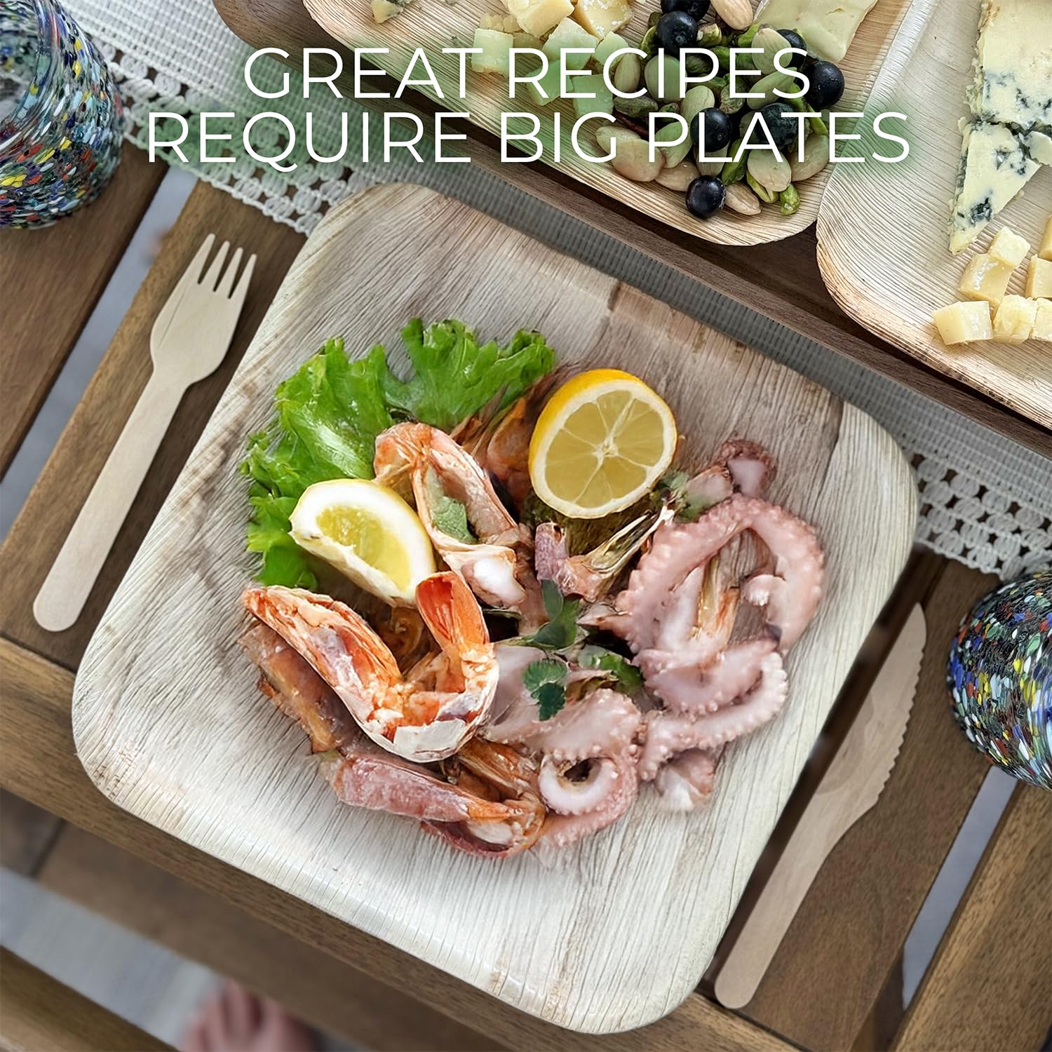 Compostable Square Palm Leaf Plates 10 Inch with Forks & Knives (50 Each) - Like Bamboo Plates, Disposable Party Plates, Biodegradable, Eco-Friendly