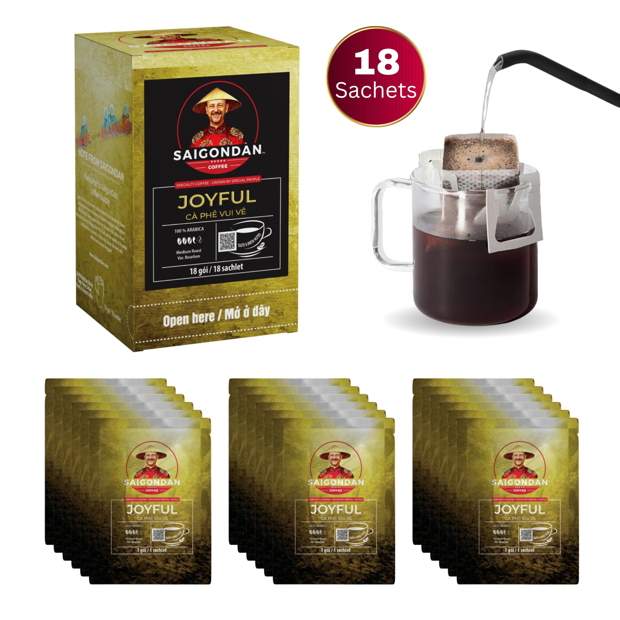 Joyful Pour Over Vietnamese Coffee - Saigondan Single Serve Coffee Sachets | Medium Roast 100% Arabica Bourbon | Instant Specialty Coffee for Travel