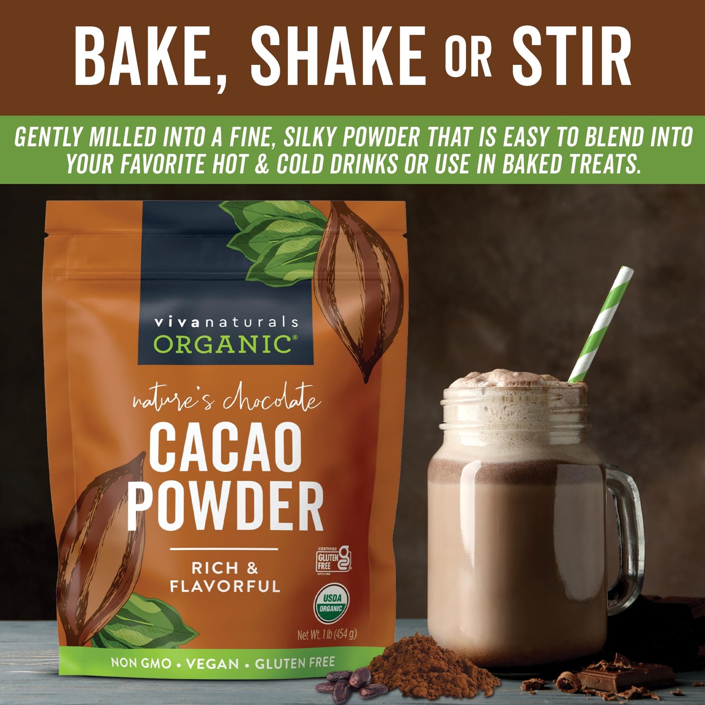 Organic Cacao Powder, Unsweetened, 1 lb (454 g) - Rich Dark Chocolate Flavor, Perfect for Baking, Smoothies & Hot Chocolate - Vegan, Keto, Paleo, Non-GMO & Gluten-Free Cocoa Powder