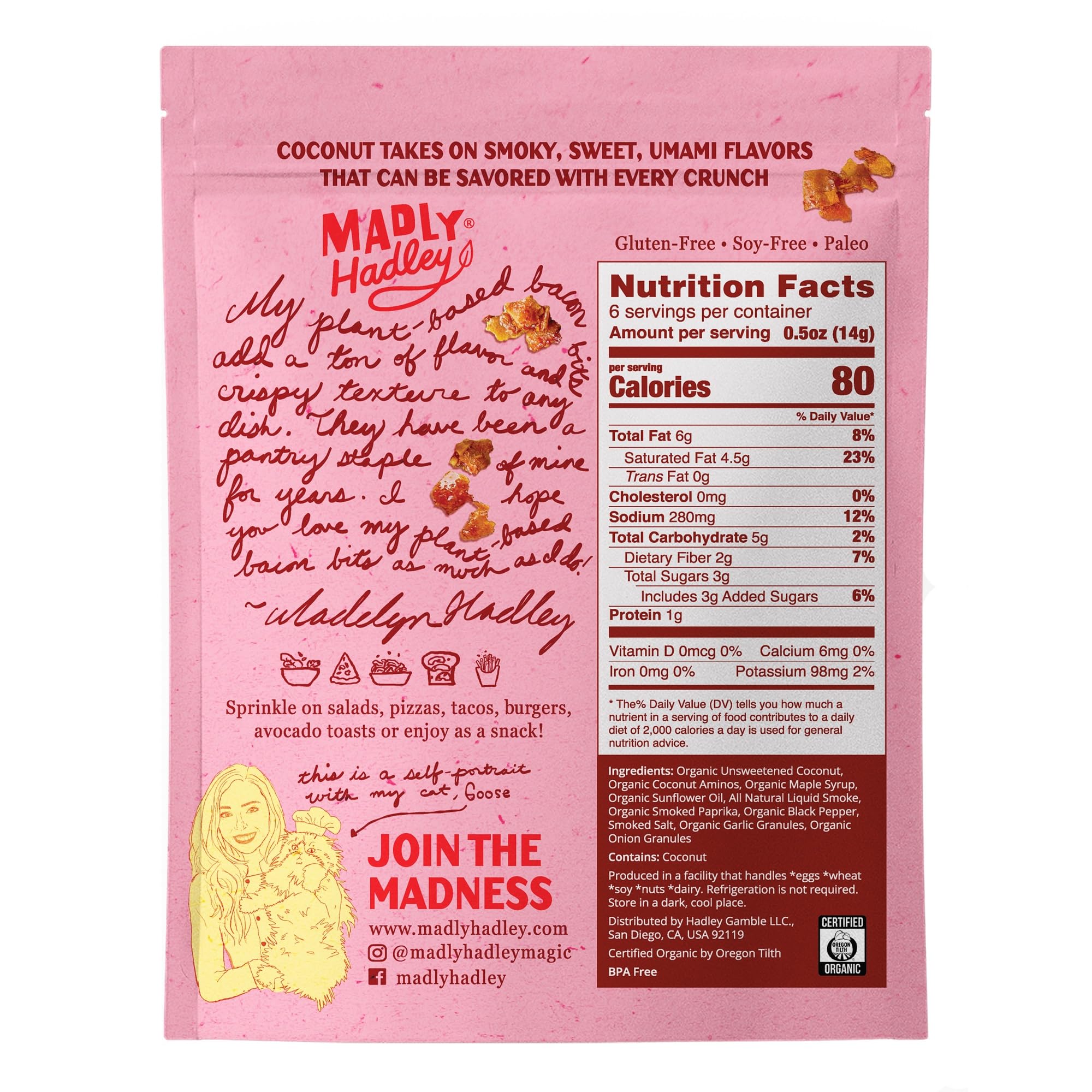 Madly Hadley Plant-Based Bacon Bits -Organic, Healthy Vegan Snack, Crunchy Topper, Keto-Friendly, Gluten-Free Topping for Salads, Pasta and Pizza