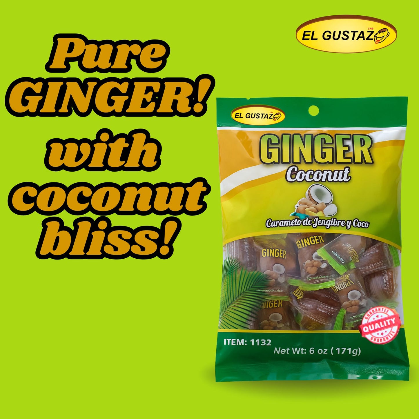 El Gustazo Ginger Coconut Candy - Caramelo de Jengibre y Coco, 6 oz (171 g) Bag - Individually Wrapped Hard Candy