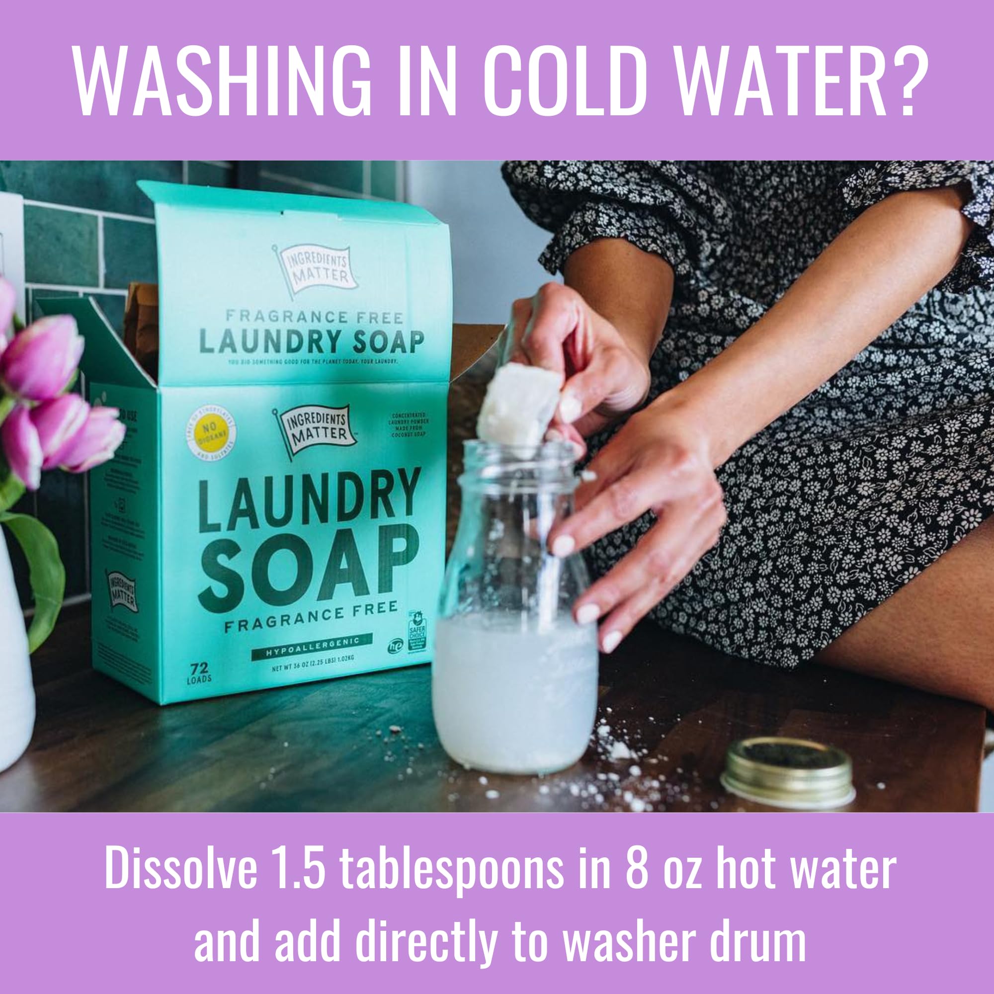 Ingredients Matter Powder Laundry Soap - Fragrance Free, Hypoallergenic Detergent, Natural & Eco-Friendly, Plastic Free, Made in USA, Natural