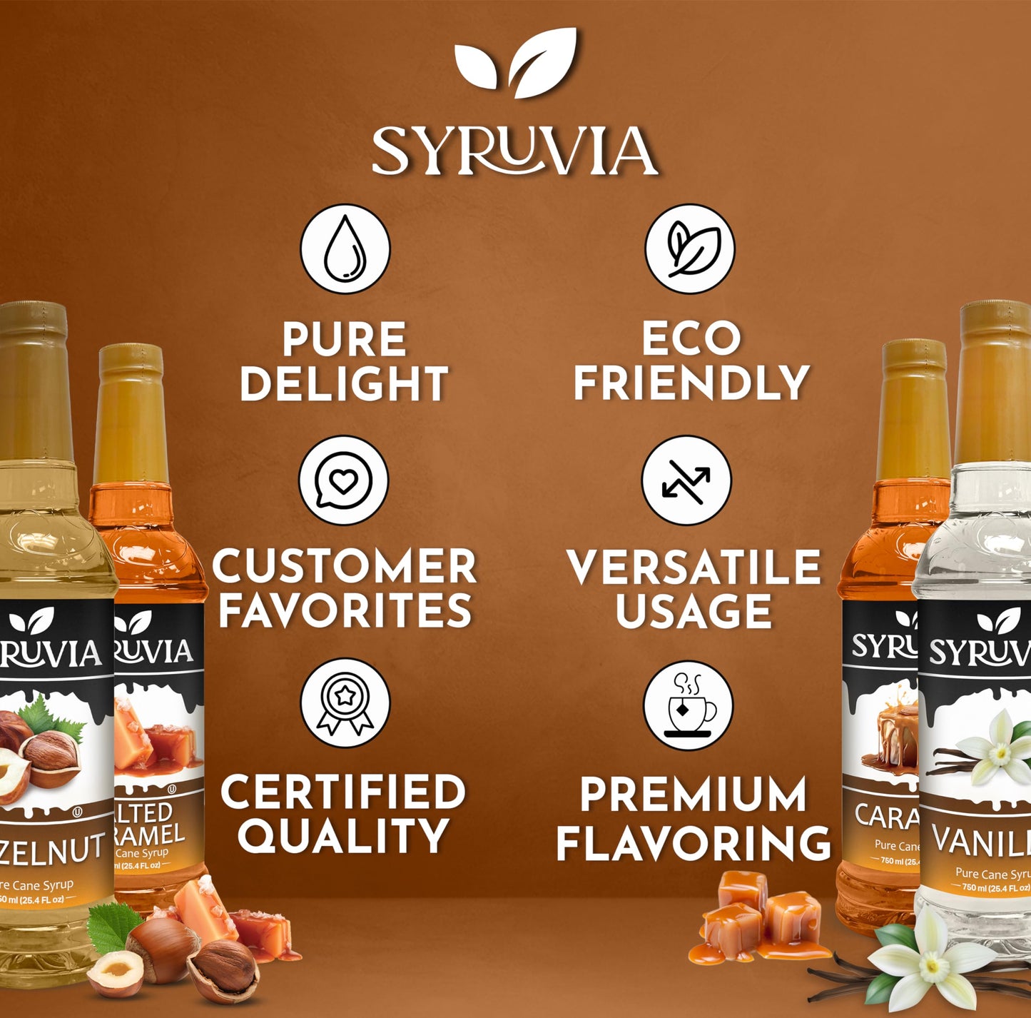 Syruvia Coffee Syrup Variety Pack Vanilla, Caramel, Hazelnut & Salted Caramel Kosher, 25.4 fl oz bottles - Elevate Your Coffee Experience!