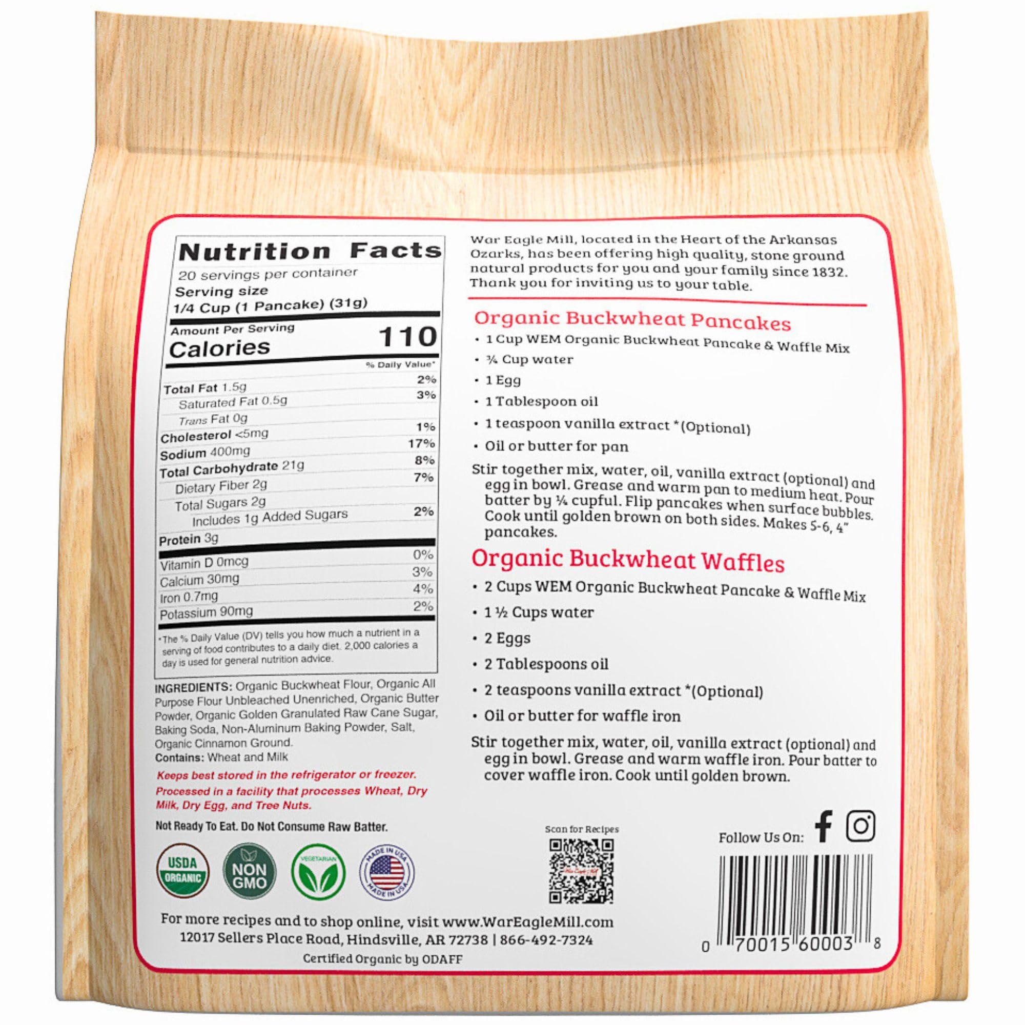 War Eagle Mill Organic Buckwheat Pancake & Waffle Mix, 22 oz Bag (2 Pack)