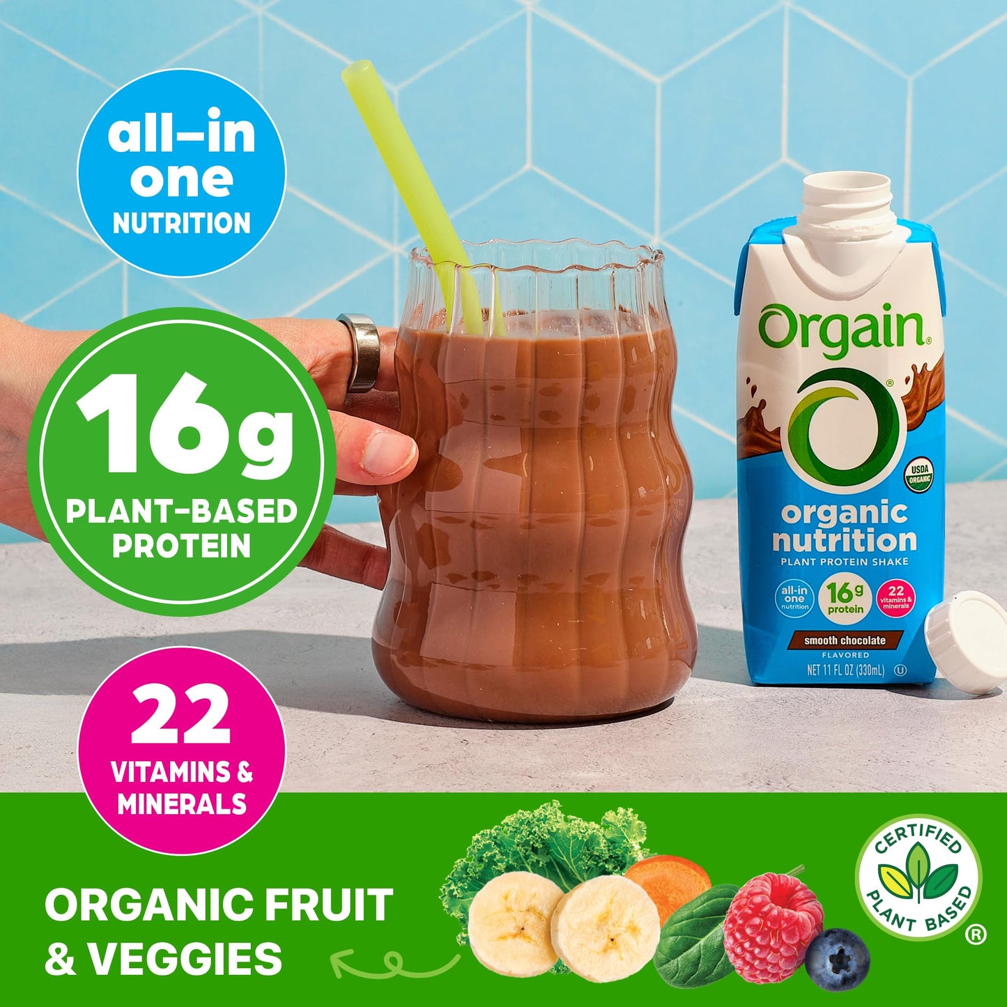 Orgain Organic Nutritional Vegan Protein Shake, Smooth Chocolate - 16g Plant Based Protein, Meal Replacement, 22 Vitamins & Minerals, Fruits