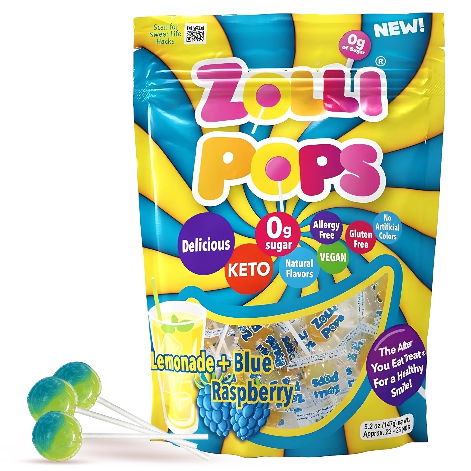 Zollipops Clean Teeth Pops Sugar Free Candy with Xylitol, Dye-Free Lollipops - Keto & Diabetic-Friendly, Dentist-Approved Treats for Kids (Lemonade