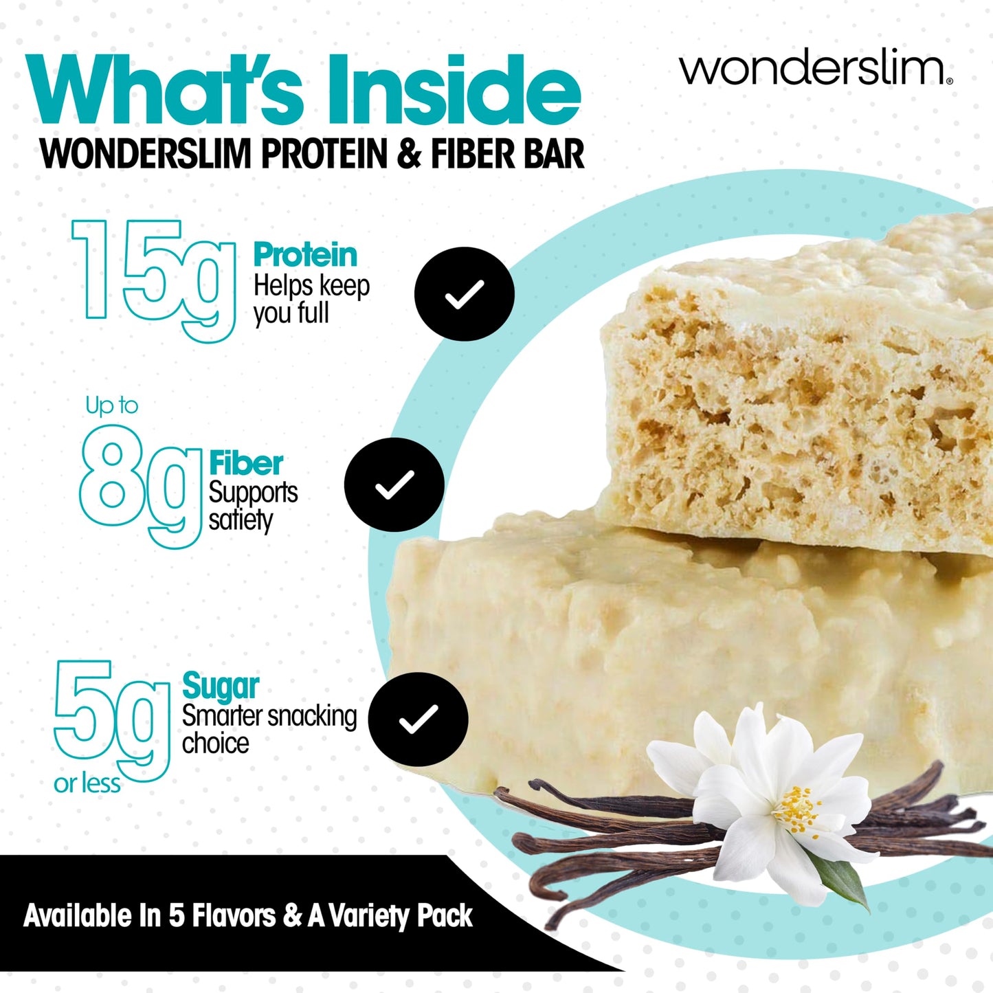 Wonderslim High Fiber Protein Bars, Fluffy Vanilla Crisp | 15g Protein, 6g Fiber | Low Sugar, Low Carb | Healthy Indulgence | Satisfying, Supports