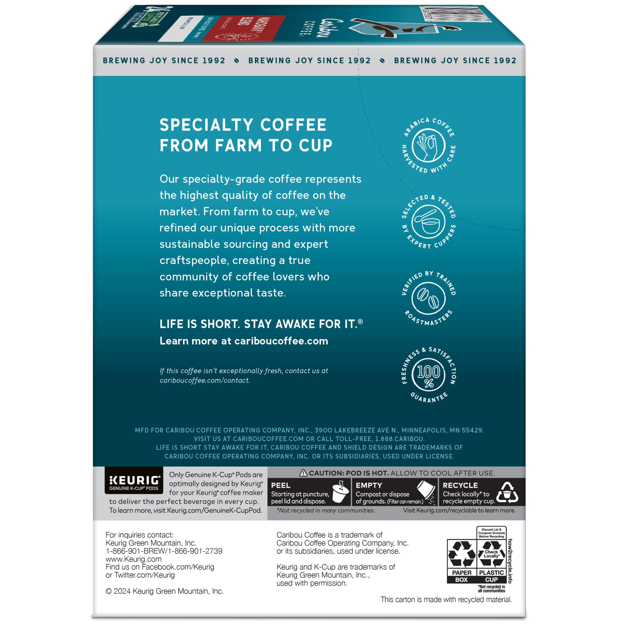Caribou Coffee® Single-Serve Coffee K-Cup® Pods, Mahogany, Carton Of 24