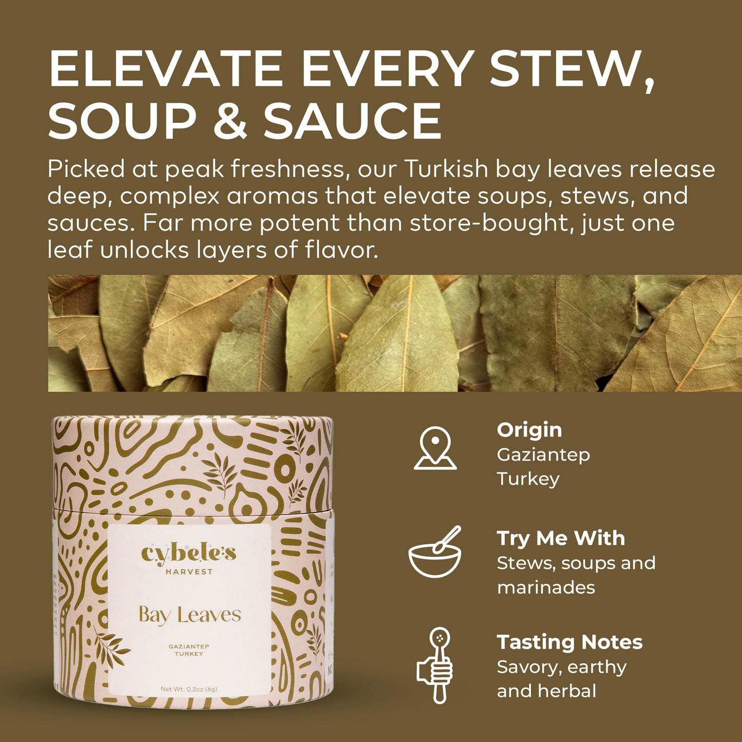 Cybele’s Harvest Bay Leaves Whole 0.2oz, Dried Turkish Bay Leaf, Aromatic Herb for Soups Stews Sauces