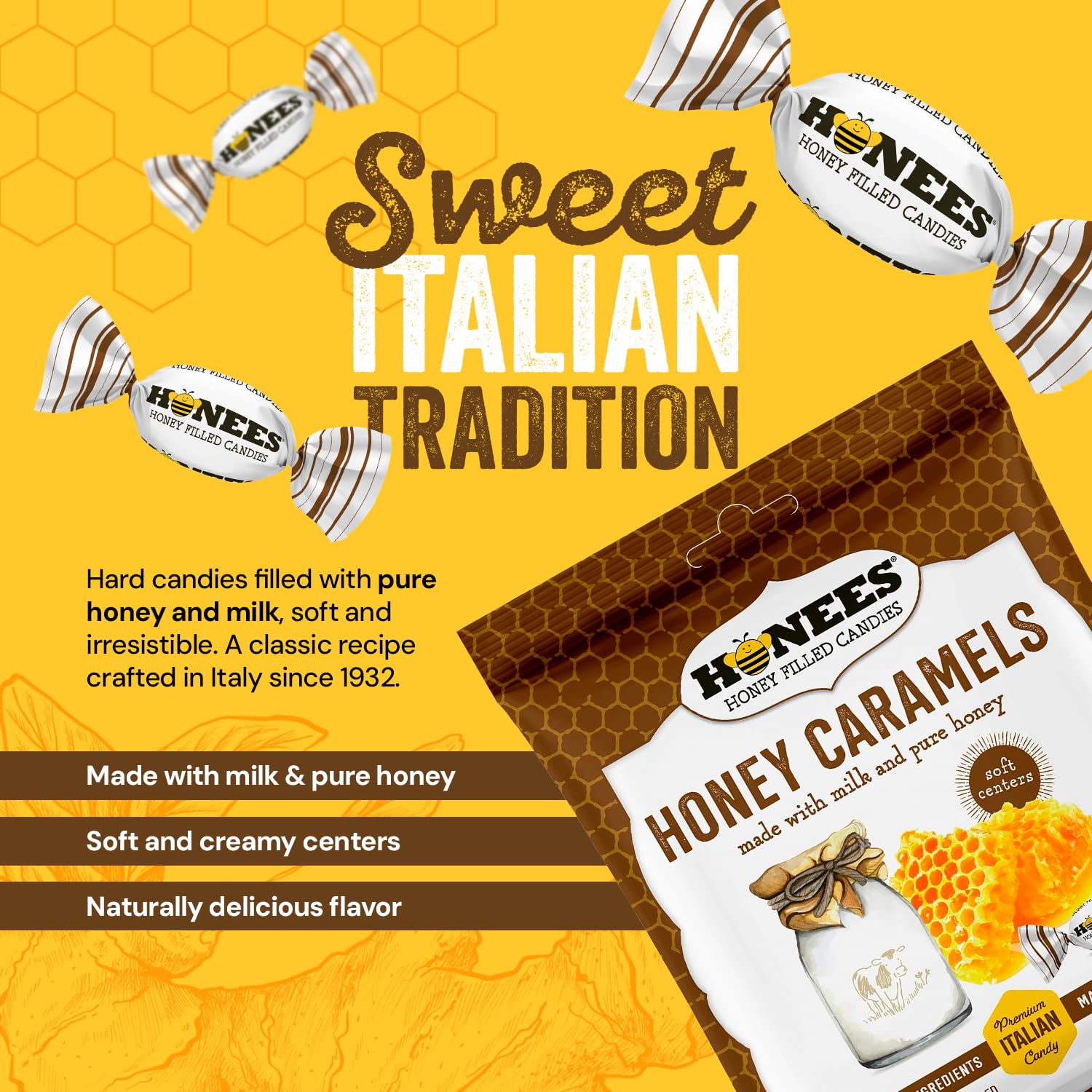 Honees Honey Caramels Hard Candy Individually Wrapped | Natural & Healthy Candy, Italian Made with Milk & Pure Honey, 3 Pack (8.55 oz)