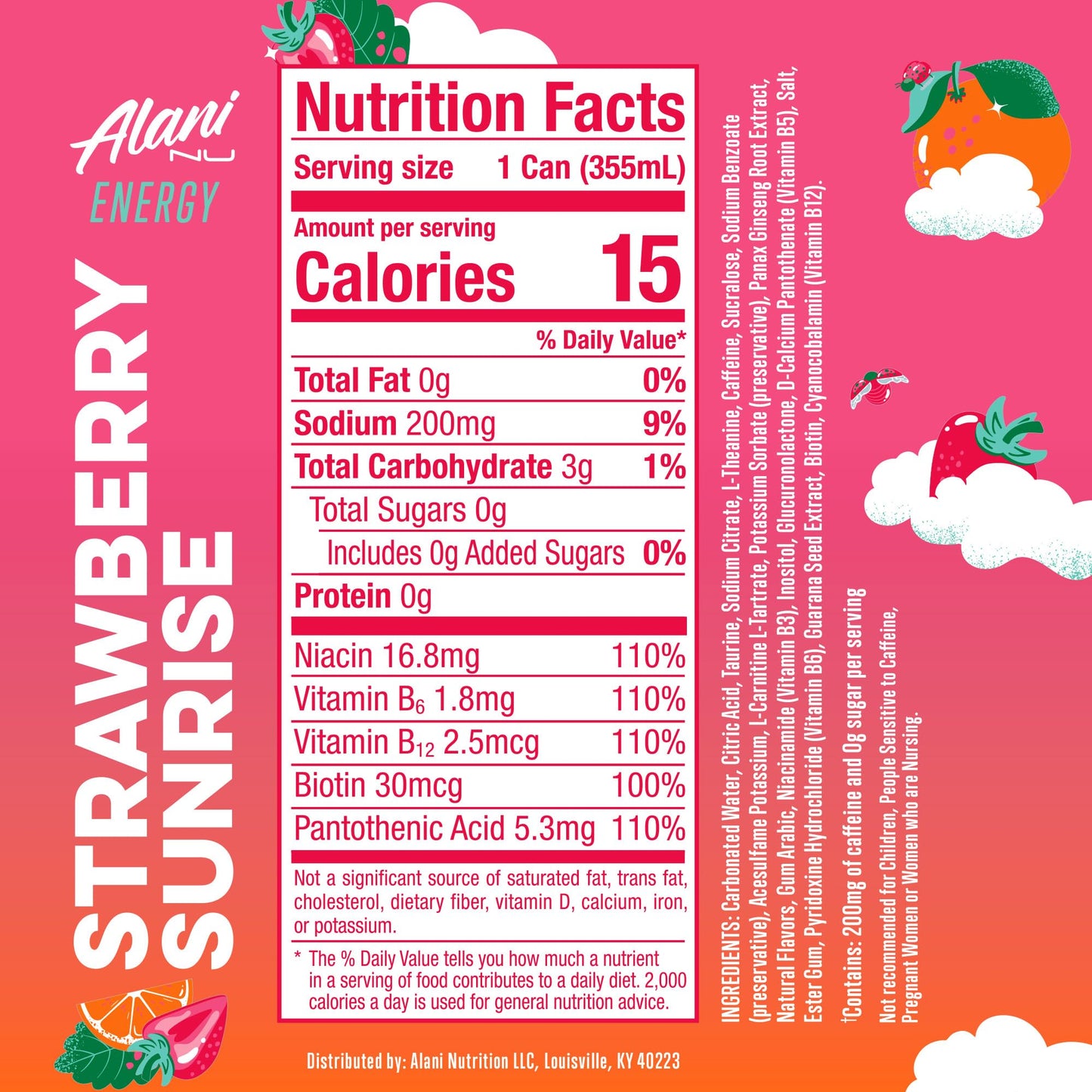 Alani Nu STRAWBERRY SUNRISE Sugar Free, Low Calorie Energy Drinks, 200mg Caffeine, Biotin B Vitamins, Zero Sugar, 10 Calories, 12 Fl Oz Cans, 12 Pack