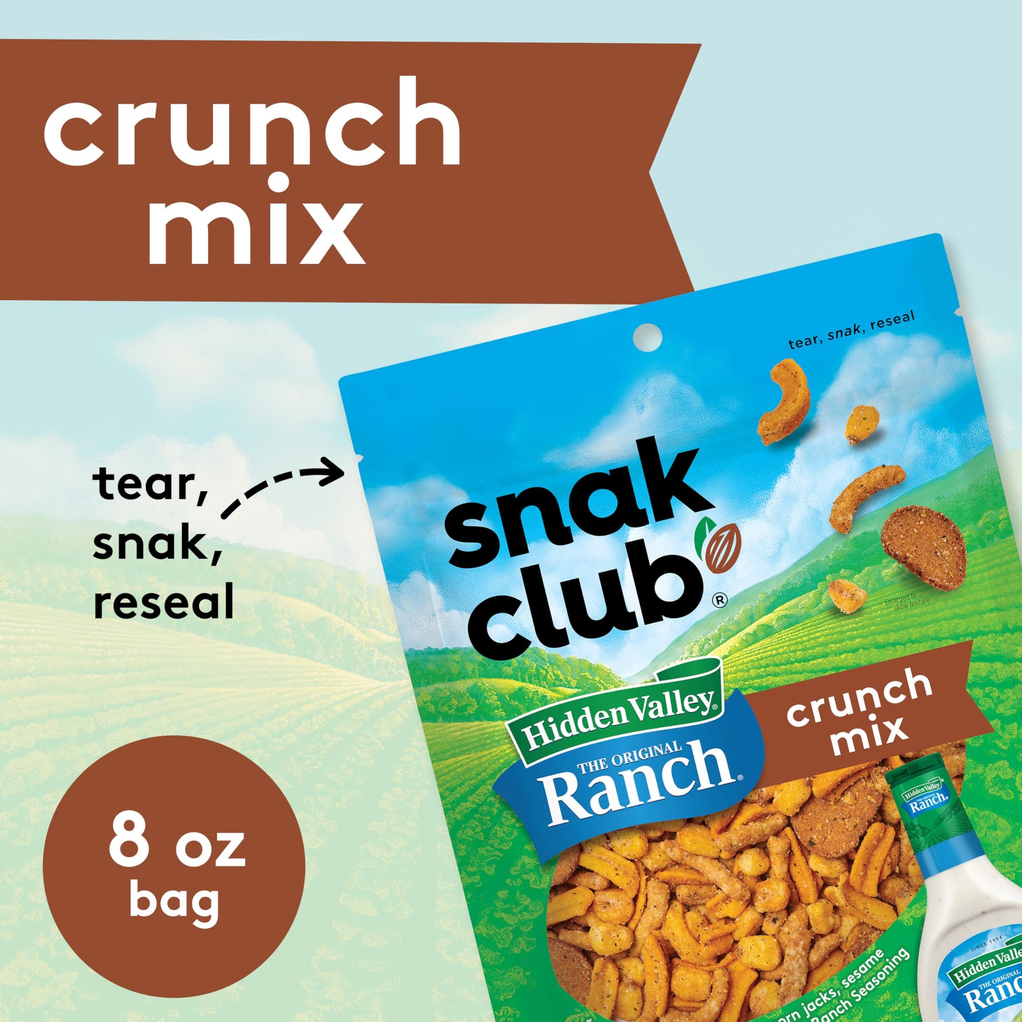 Snak Club Crunch Mix with Hidden Valley Ranch Seasoning, Toasted Corn, Chili Cheese Corn Jacks, Sesame Sticks, and Rye Chips, Kosher Snack, 8 oz