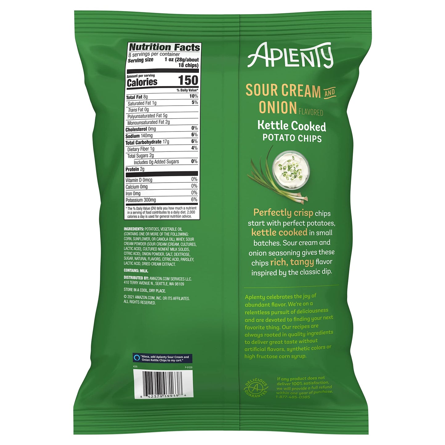 Aplenty Sour Cream and Onion Kettle Cooked Potato Chips, 8 Oz