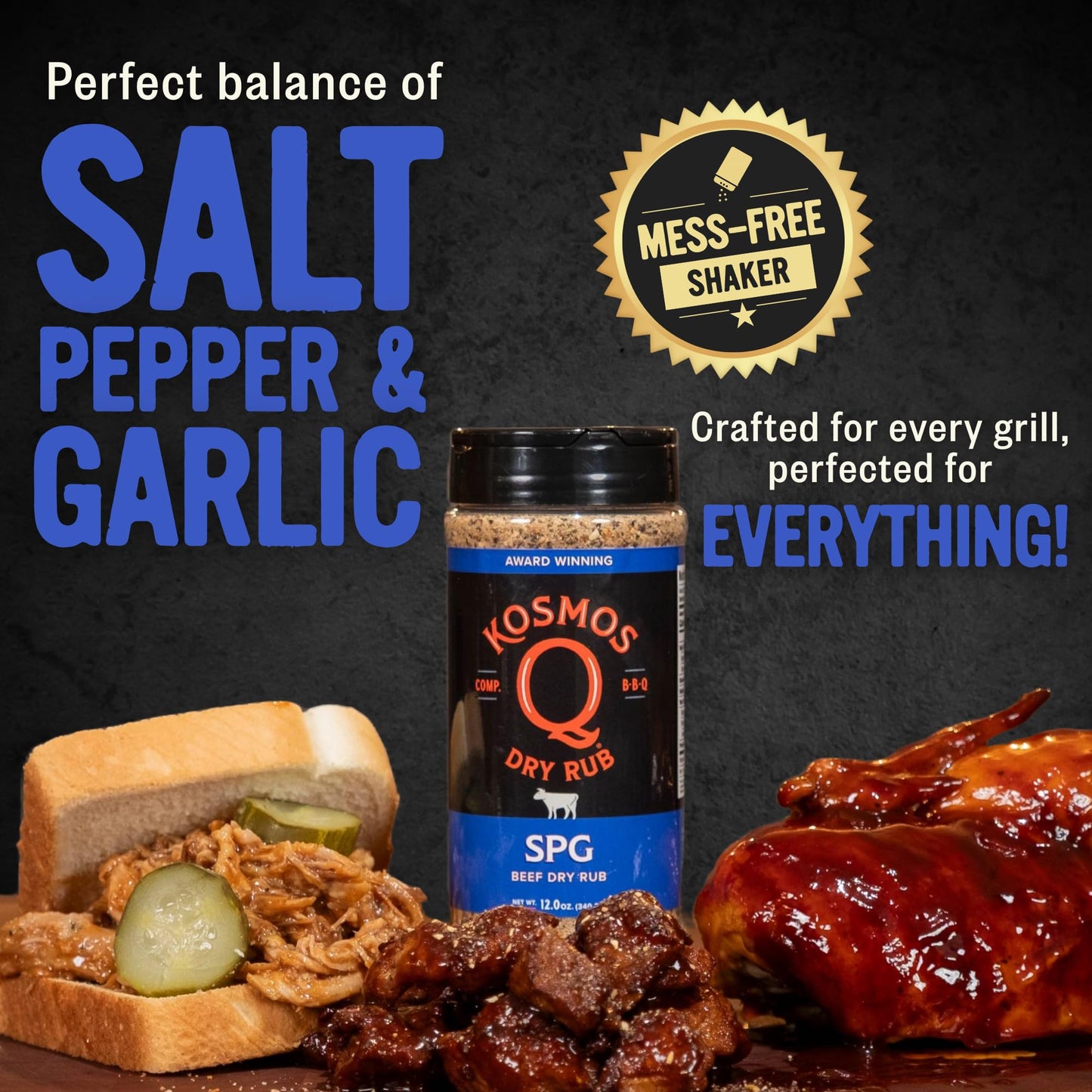 Kosmos Q SPG BBQ Dry Rub, Bold Salt Pepper Garlic Blend with Organic Cane Sugar, BBQ Seasoning for Brisket, Chicken, Steak, Ribs, Pork, Seafood