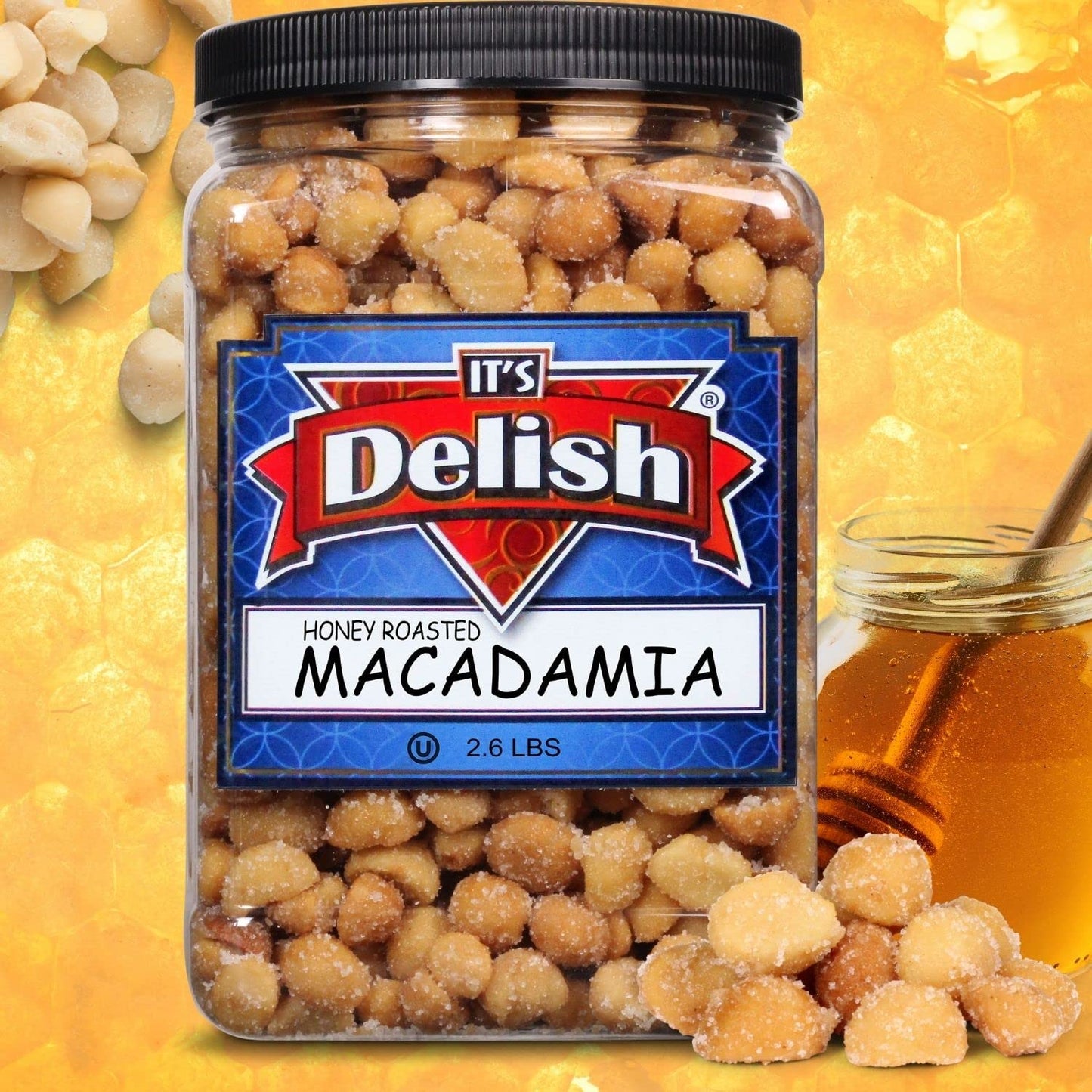 Honey Roasted Macadamia by It's Delish, 2.6 LBS Reusable Jumbo Container | Gourmet Macadamia Nuts in Honey Sugar Coating, Sweet & Heart Healthy Salted