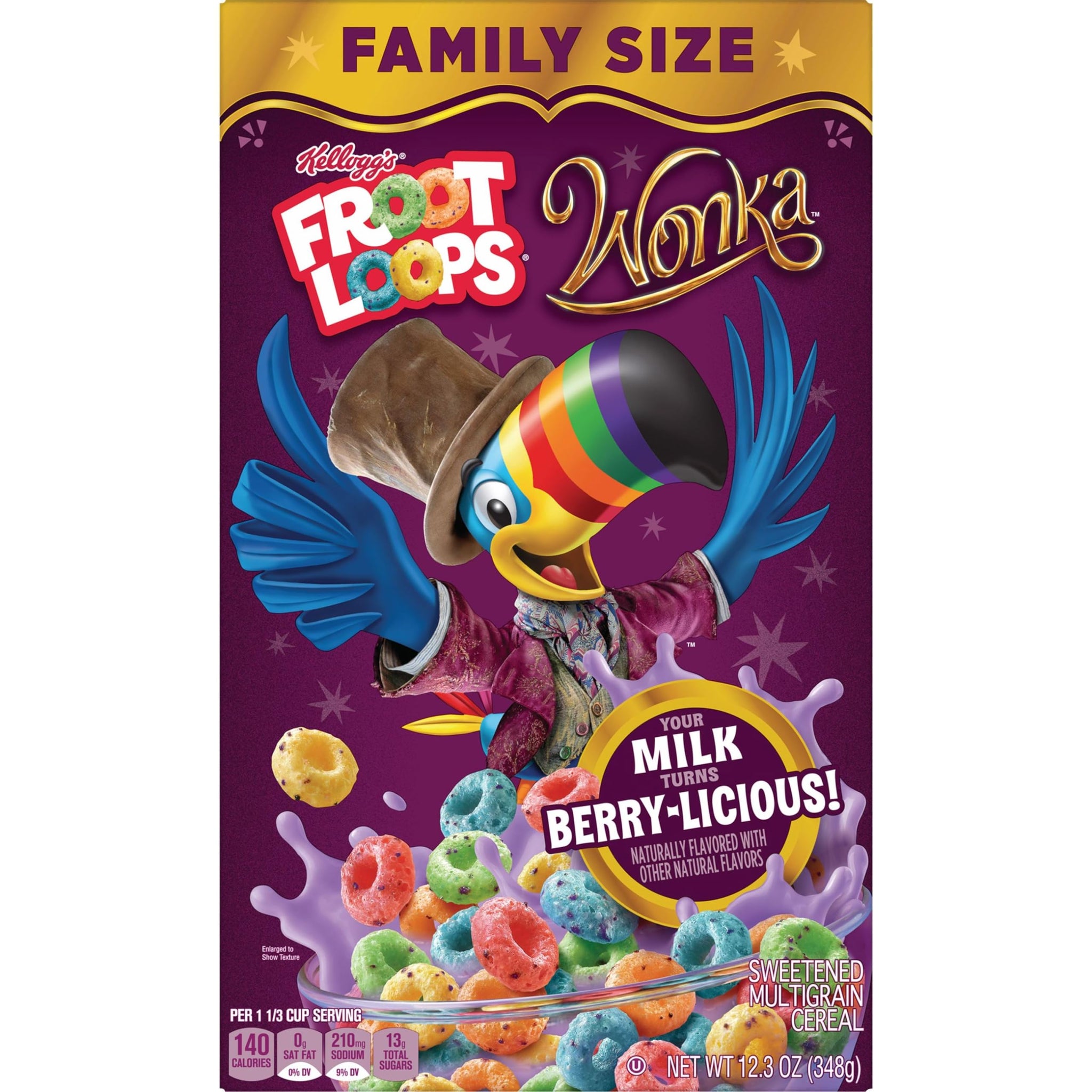 Willy Wonka Froot Loops Cold Breakfast Cereal, Turns Milk Berry-licious, Breakfast Snacks, Family Size, Berry-licious, 12.3oz Box (1 Box)