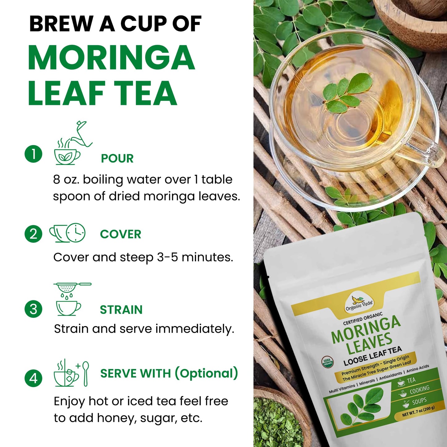 Organic Veda Moringa Tea Leaves - True Green Rich, Premium Single Origin,100% Organic Moringa Oleifera Loose Leaf Tea, Baking, Soup Powder