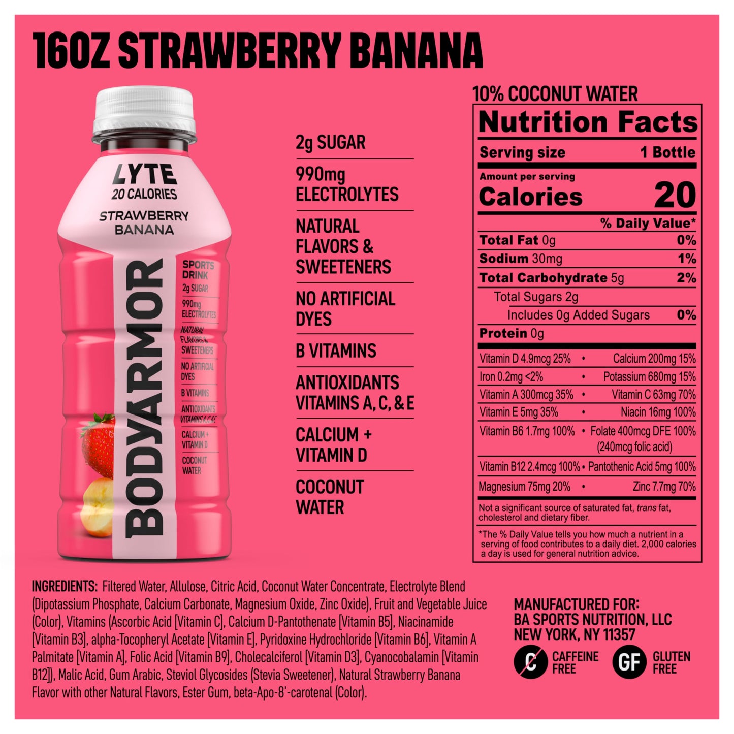 BODYARMOR Lyte Sports Drink Low-Calorie Sports Beverage, Strawberry Banana, Coconut Water Hydration, Natural Flavors with Vitamins, Potassium-Packed