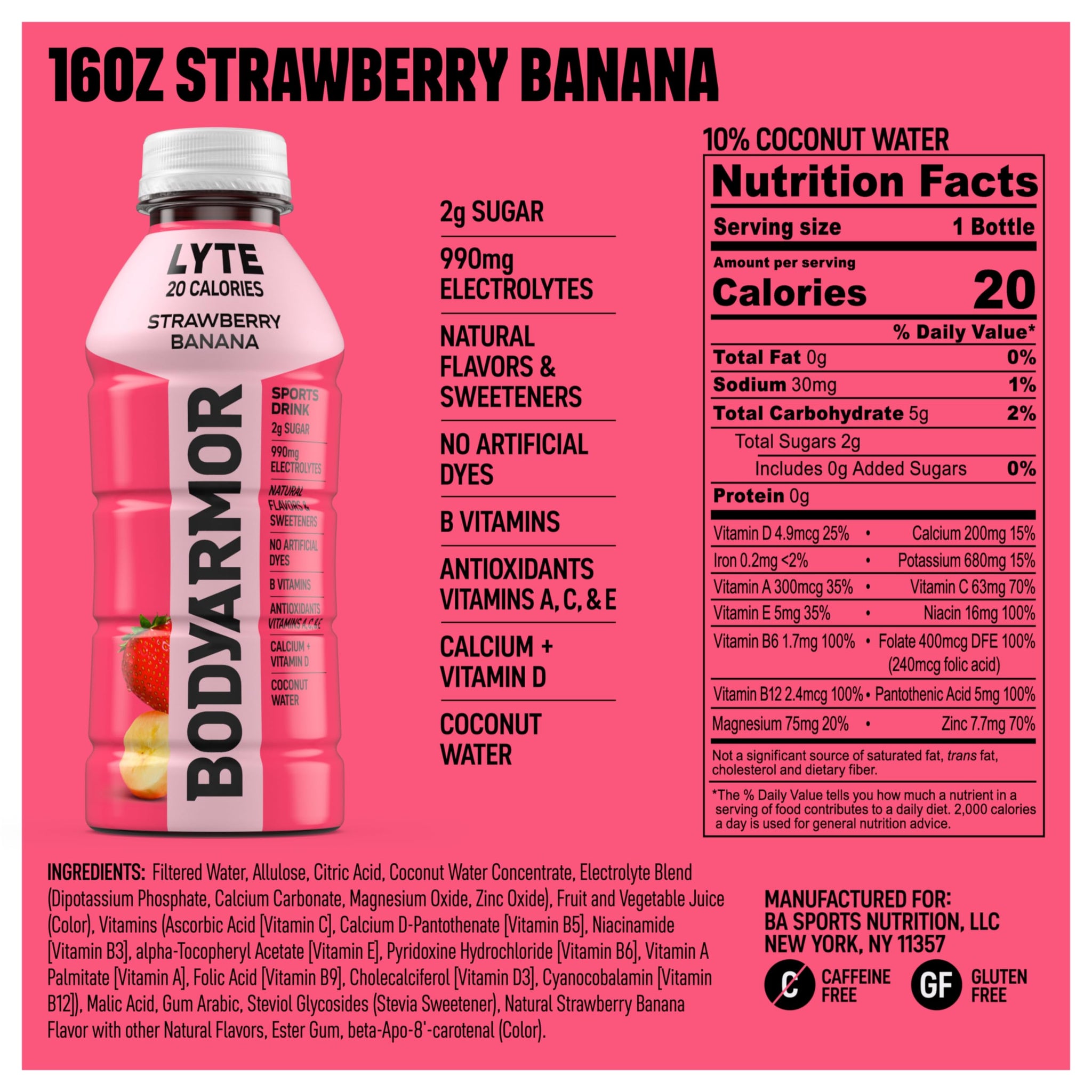 BODYARMOR Lyte Sports Drink Low-Calorie Sports Beverage, Strawberry Banana, Coconut Water Hydration, Natural Flavors with Vitamins, Potassium-Packed