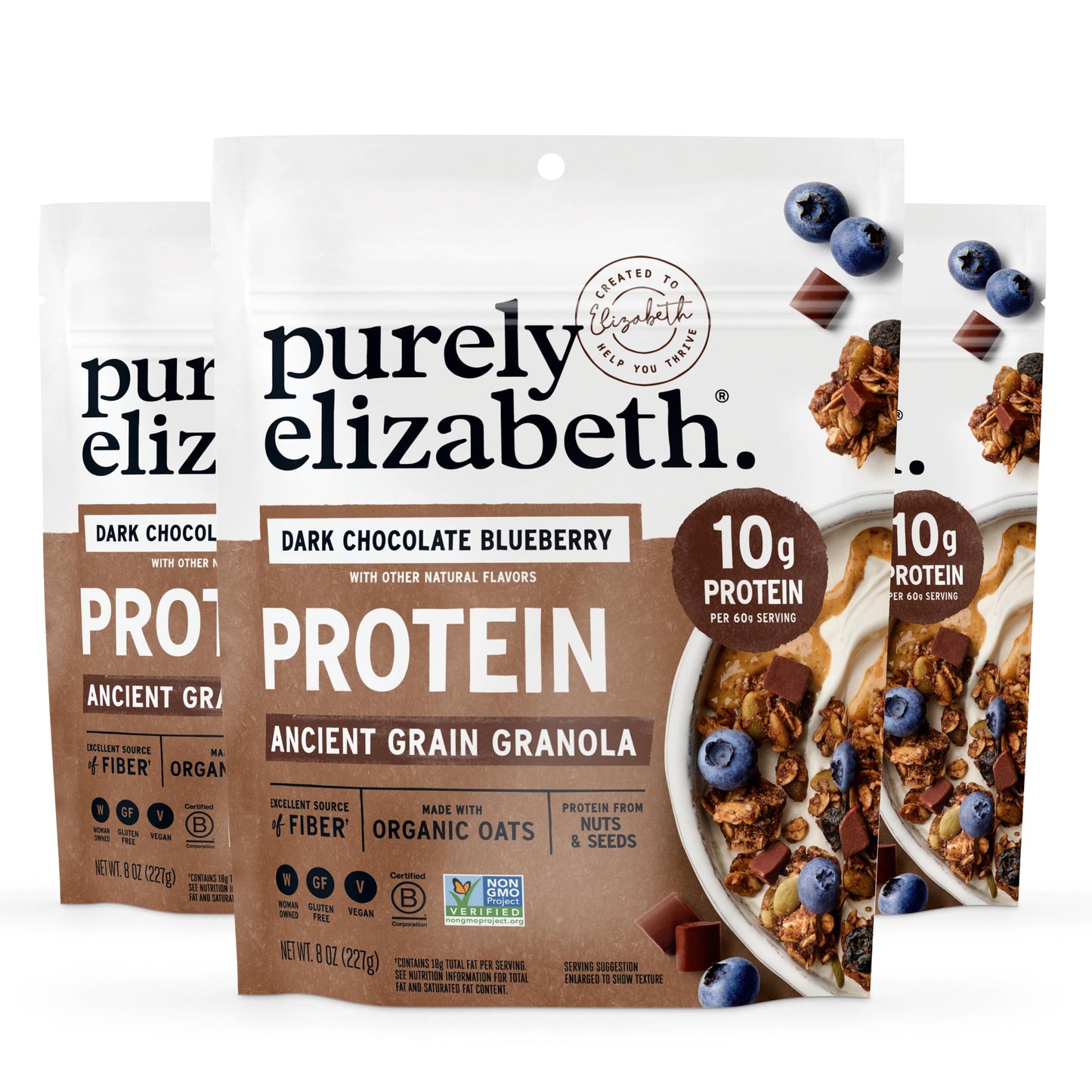 Purely Elizabeth, Protein Granola, Dark Chocolate Blueberry, 8oz Bags (3 Pack)