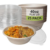 [25 Pack] 40 oz Round Disposable Compostable Paper Bowls with Lids Heavy-Duty, Eco-Friendly Natural Bagasse Unbleached, Heat Resistant, 100%