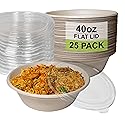 [25 Pack] 40 oz Round Disposable Compostable Paper Bowls with Lids Heavy-Duty, Eco-Friendly Natural Bagasse Unbleached, Heat Resistant, 100%