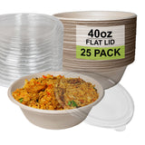 [25 Pack] 40 oz Round Disposable Compostable Paper Bowls with Lids Heavy-Duty, Eco-Friendly Natural Bagasse Unbleached, Heat Resistant, 100%