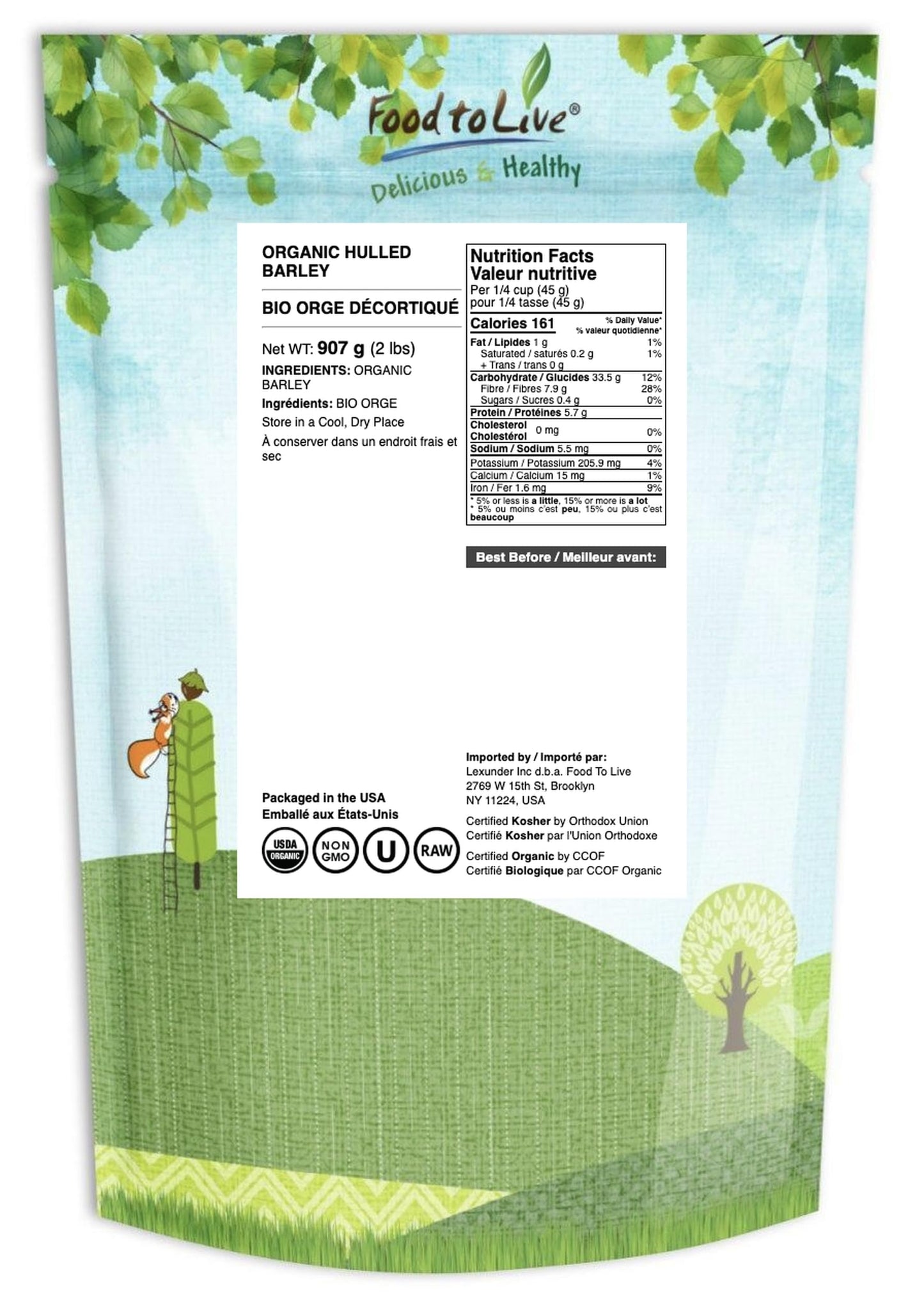 Food to Live Organic Hulled Barley, 2 Pounds - Non-GMO, 100% Whole Grain, Kosher, Vegan, Bulk. Suited for Home Brewing, Grinding. High in Fiber. Great for Chili, Hot Cereal, Salads, Soup.