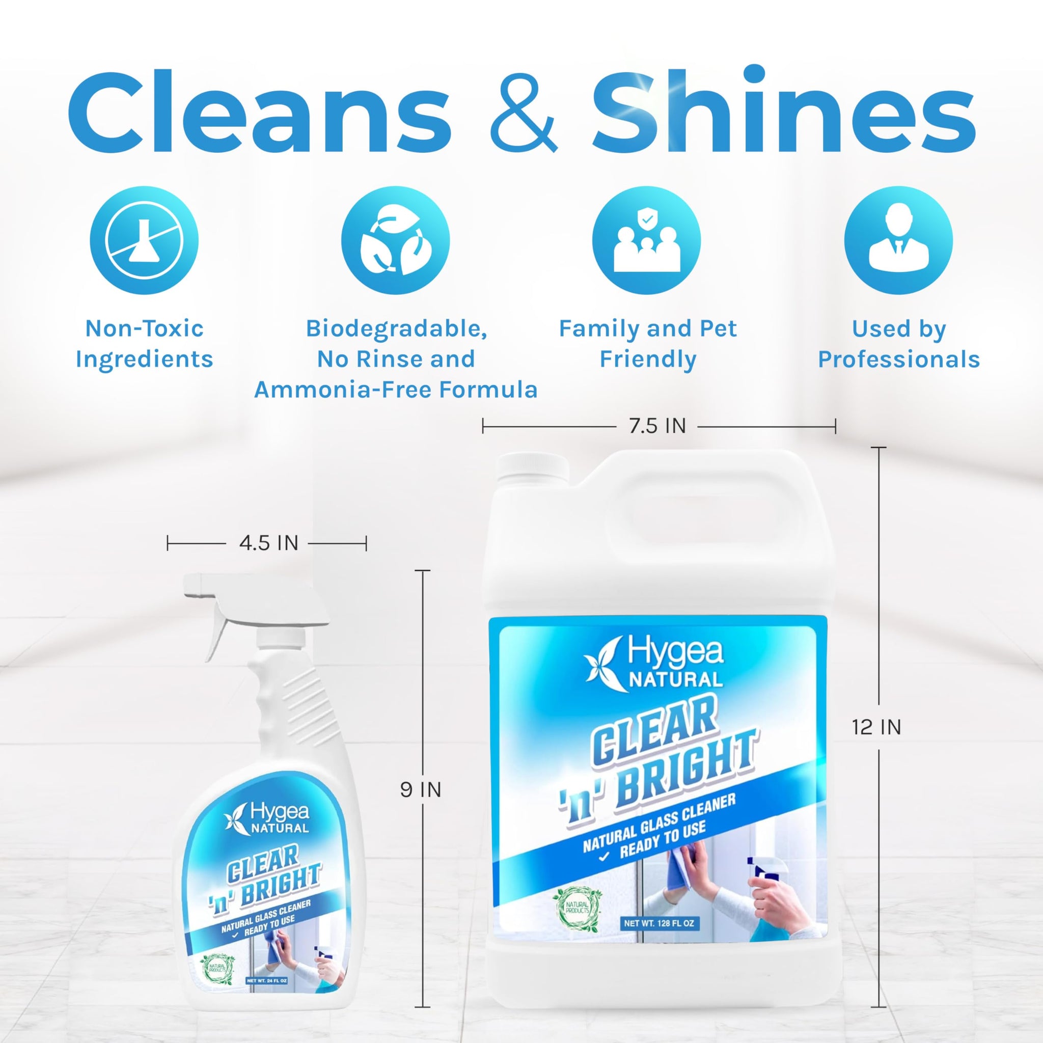 Hygea Natural Clear 'n' Bright - Glass Cleaner Spray - Streak-Free & Ammonia-Free Window Cleaning - Window & Mirror Cleaning Supplies - Safe & Fast