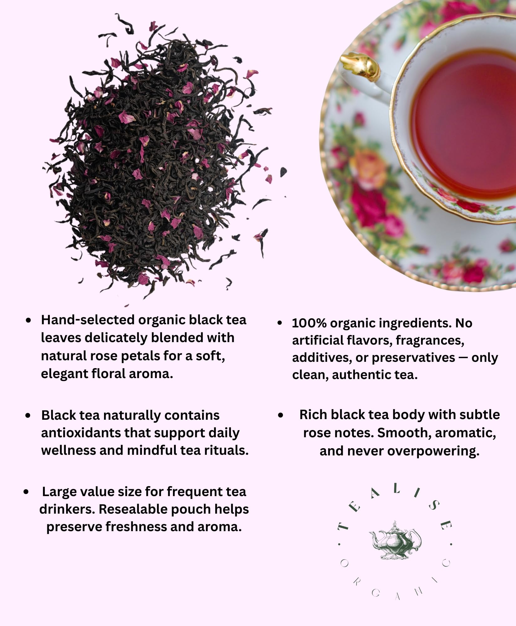 Organic Rose Black Tea Loose Leaf - Whole Leaf, USDA Organic, Smooth Floral Aroma, Antioxidant Rich Black Tea, 1 lb (456g) by Tealise