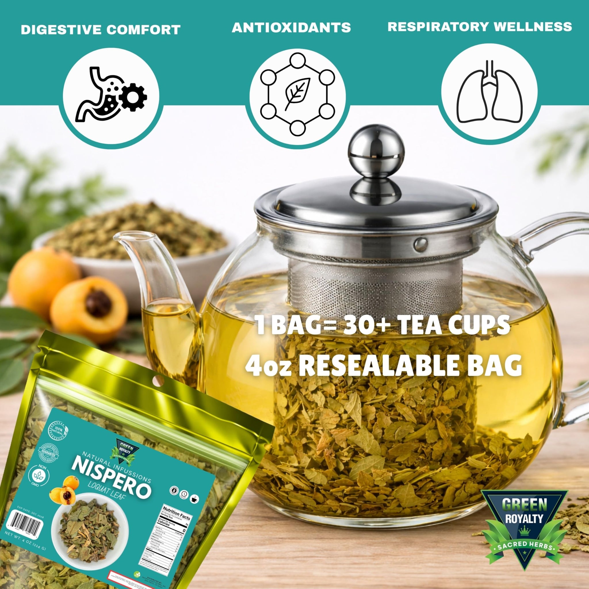 GREEN ROYALTY Te Herbal Hojas De Nispero 4oz Herbal Tea (Loquat Leaves Tea) Stand Up Resealable Bag Crafted By Nature100% All Natural Fresh Tea Tea