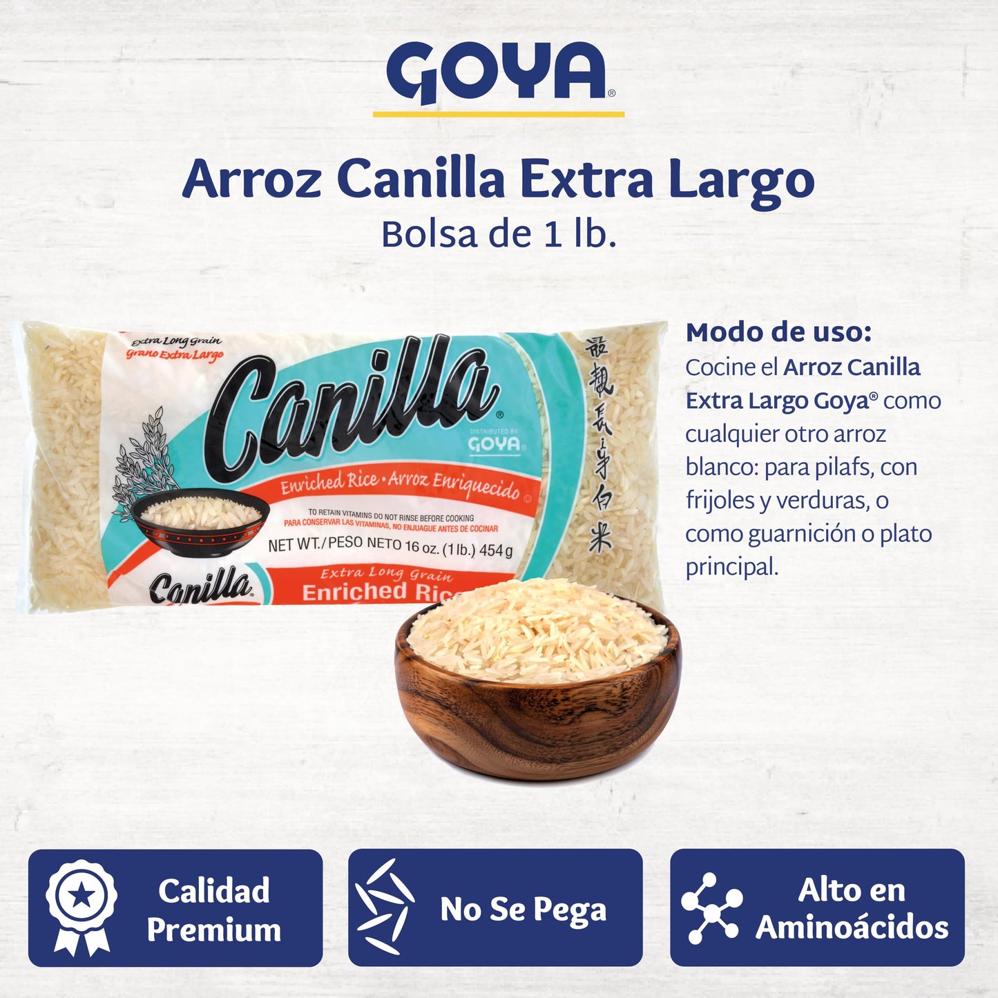 Goya Canilla Extra Long Grain Rice, Light and Fluffy Texture, Ideal for Latin Meals, Rice Bowls, and Sides, 2-Pack (1 lb Bags)
