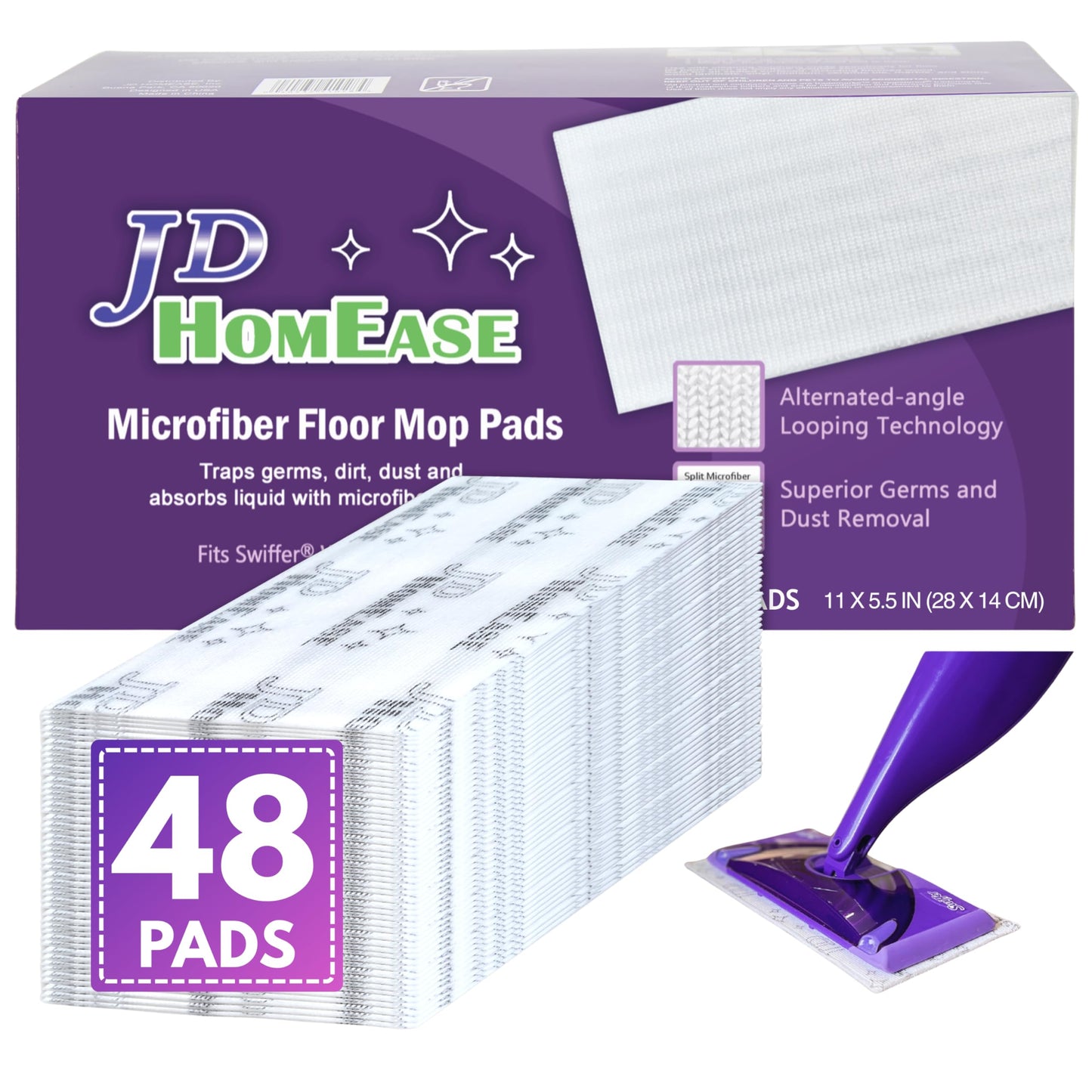 JD HOMEASE 48 Pack Premium Microfiber Replacement Pads for Swiffer WetJet - Super Absorbent, Lint-Free, Durable-11"x5.5", Perfect Fit Swiffer WetJet