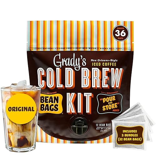 GRADY’S COLD BREW, New Orleans Style, 100% Arabica Ground Coffee & Chicory Pouches, All-in-One Cold Brew Kit with 12 Easy-to-Brew Beans Bags, Makes 36